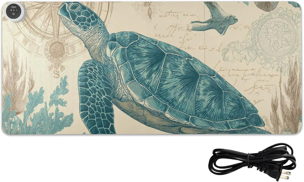 Heated Desk Pad Mouse Pad 31.5x13 Inch PU Leather Desk Mat with 3 Heat Levels Large Mouse Gaming Computer Laptop Mat Retro Sea Turtle Compass