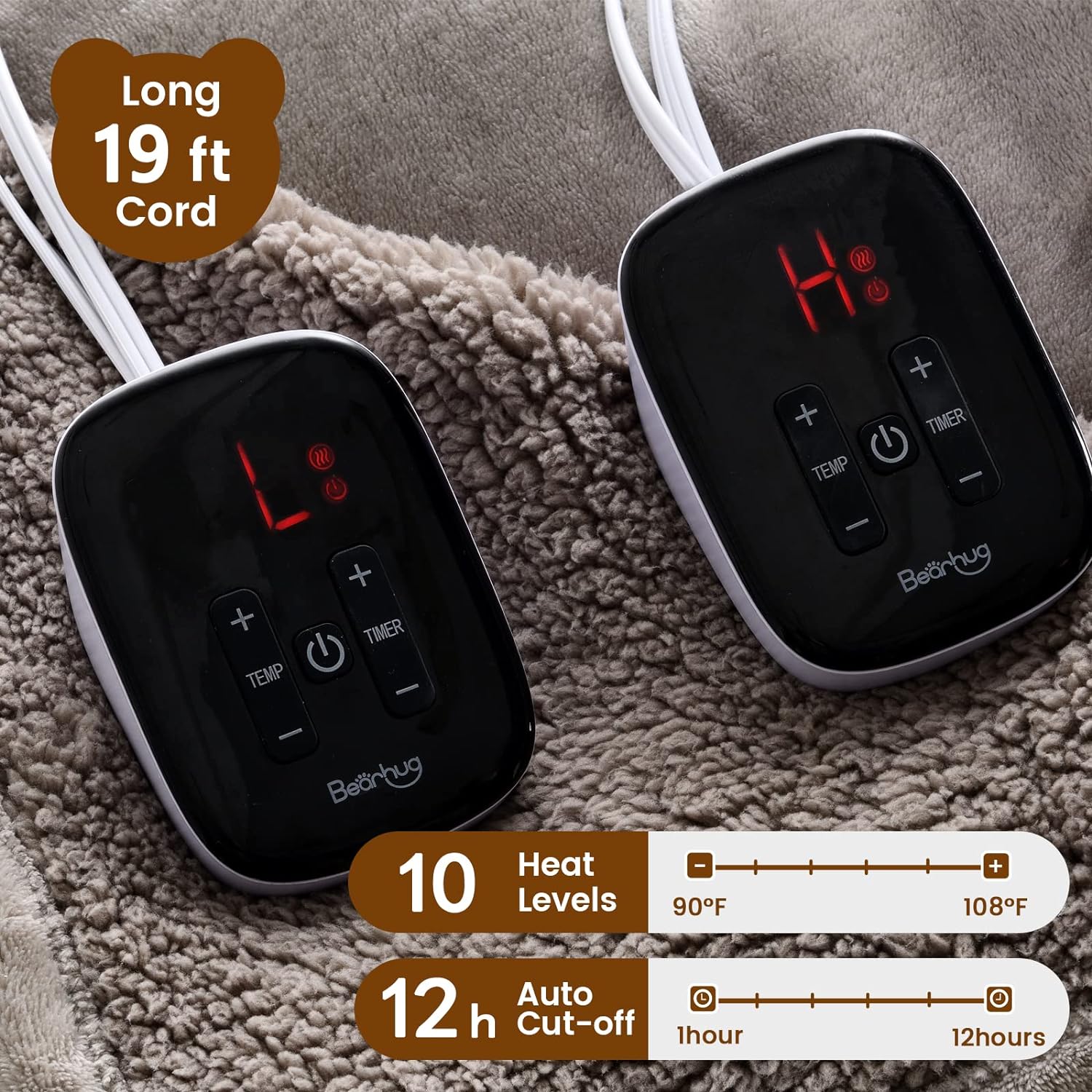 Bearhug Electric Blanket Queen Size 84" x 90", Dual Controllers Heated Blanket, Velvet & Sherpa, 10-Heating Level & 1-12H Auto Off, Taupe, Over-Heat Protect, ETL, Machine Washable