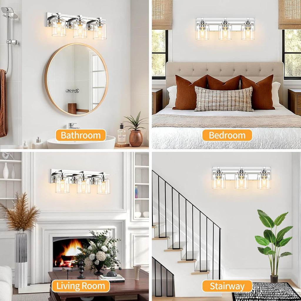 3 Light Modern Bathroom Light Fixtures Over Mirror, Chrome Vanity Lights for Bathroom Wall Sconces with Clear Glass Shades, E26 Socket (Bulbs Not Included)