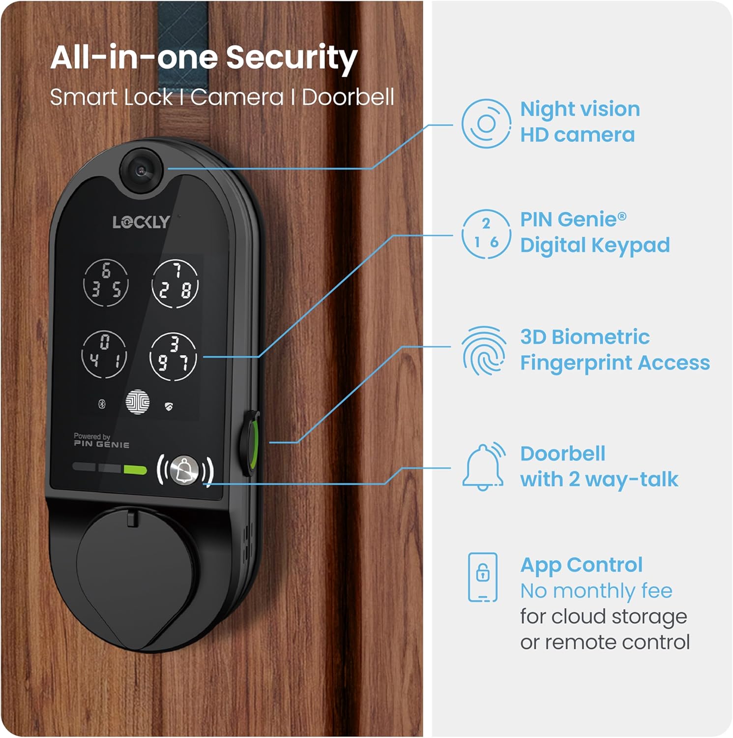 Lockly Vision Smart Lock, HD Video Doorbell Smart Locks for Front Door, Fingerprint Door Lock, Touchscreen Keypad, App Control, No Monthly Fee, Auto Lock - Matte Black