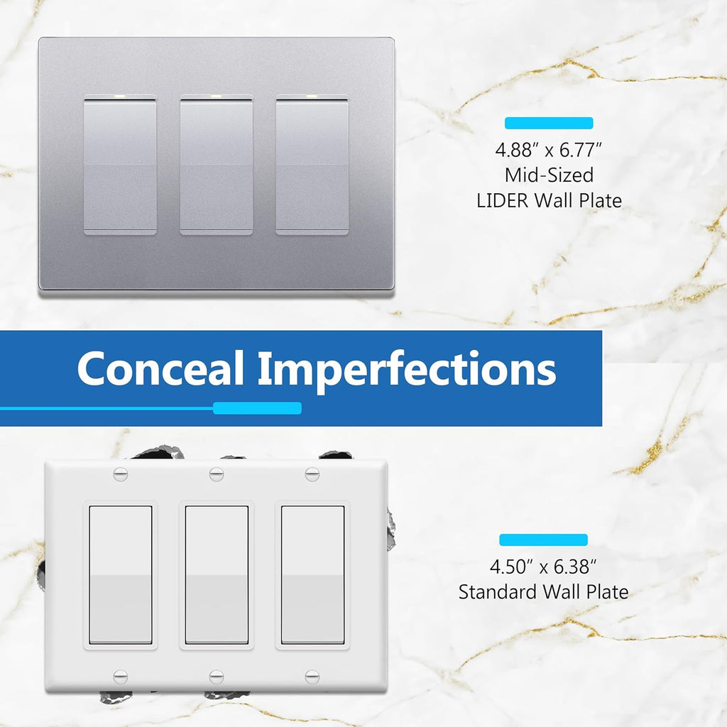 LIDER Matte Finish Decorator Switch Cover, Screwless Wall Plate, Mid-Size 3-Gang 4.88" x 6.77", Unbreakable Polycarbonate Thermoplastic, UL Listed, LSWP-33M-SV, Silver