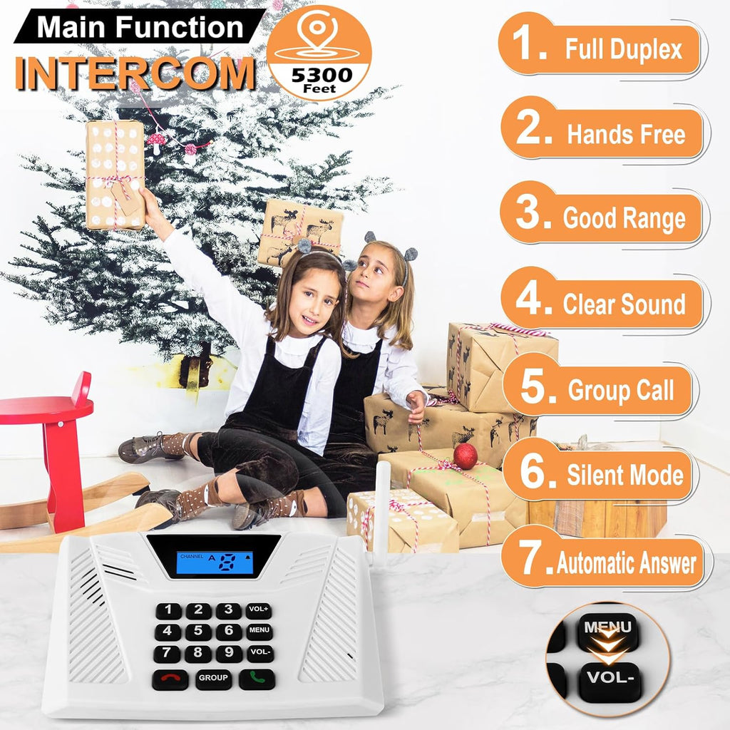 Intercoms Wireless for Home, Full Duplex Hands-Free Intercom, 5300ft Long Range Intercom System, Group Call and Auto Answer, 2 Code 9 Channel for House Office Hospital (2 Pack)