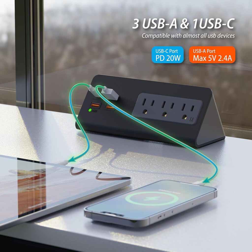 Upgraded Version Edge Mount Power Strip with USB-C Ports Tabletop Surge Protector Desk Clamp Power Sockets with 3 AC Outlets &4 Fast Charging USB Ports for Home Office Hotel Dormitory (White- 2pack)