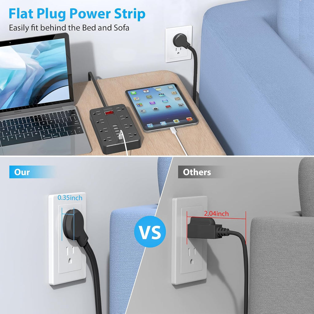 10 Ft Extension Cord Surge Protector, SMNICE 8 Widely Spaced Outlets and 6 USB (1 USB C) Charging Ports Flat Plug Power Strip, Desktop Power Cord for Travel Home Office Accessories Black