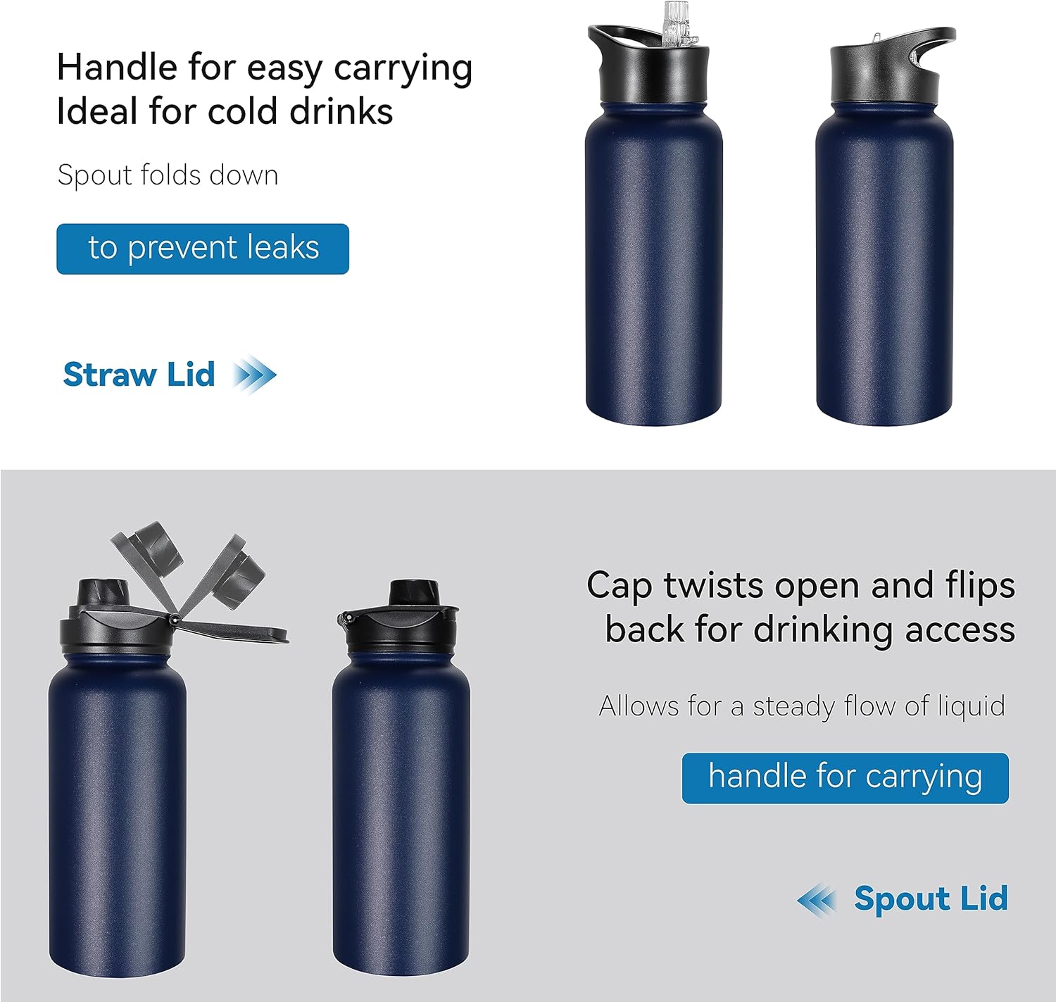 VEGOND 32 oz Insulated Water Bottle Stainless Steel Metal Water Bottles with Leak Proof Straw Lid & Spout Lid, Wide Mouth Double Walled Vacuum Travel Sports Bottle, Navy Blue