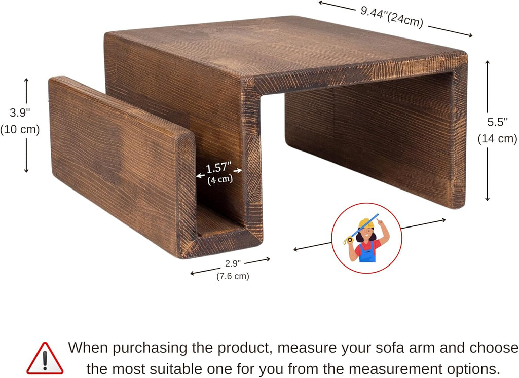 Wooden Couch Arm Tray – Sofa Armrest Table with Book & Magazine Holder, Perfect for Coffee & Remote Control, Solid Wood (Vancouver)