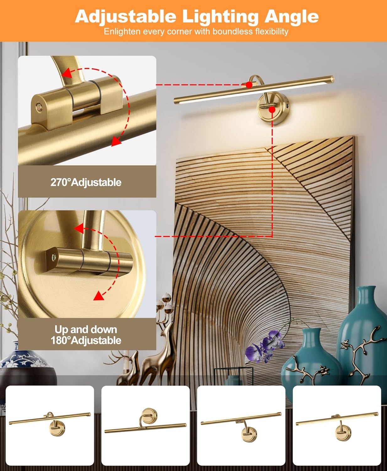 Picture Light for Wall, Dimmable Battery Operated Art Light, Picture Frame Light with Remote & Timer, Cordless Wall Sconce with 3 Colors Temperature for Pantings, Photo Gallery(Brass, 23.6inch)