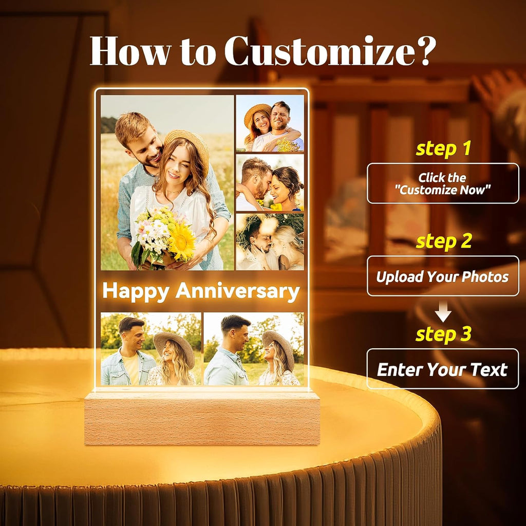 Custom Picture Frames with Photo, Personalized Photo Frame with Night Light, Customized Gifts for Couple, Personalized Anniversary Valentines Day Gifts for Women Men Her Him Boyfriend Girlfriend