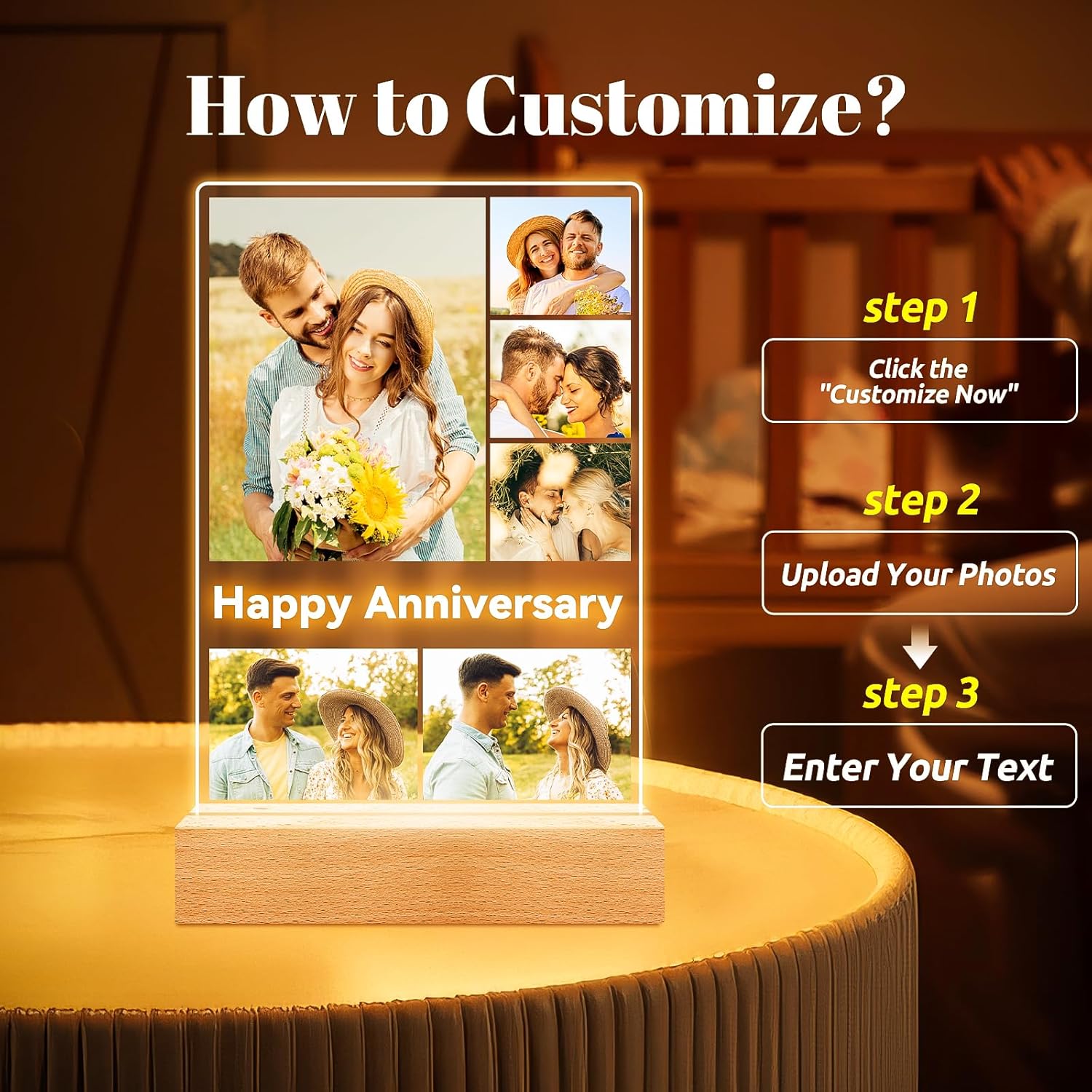 Custom Picture Frames with Photo, Personalized Photo Frame with Night Light, Customized Gifts for Couple, Personalized Anniversary Valentines Day Gifts for Women Men Her Him Boyfriend Girlfriend