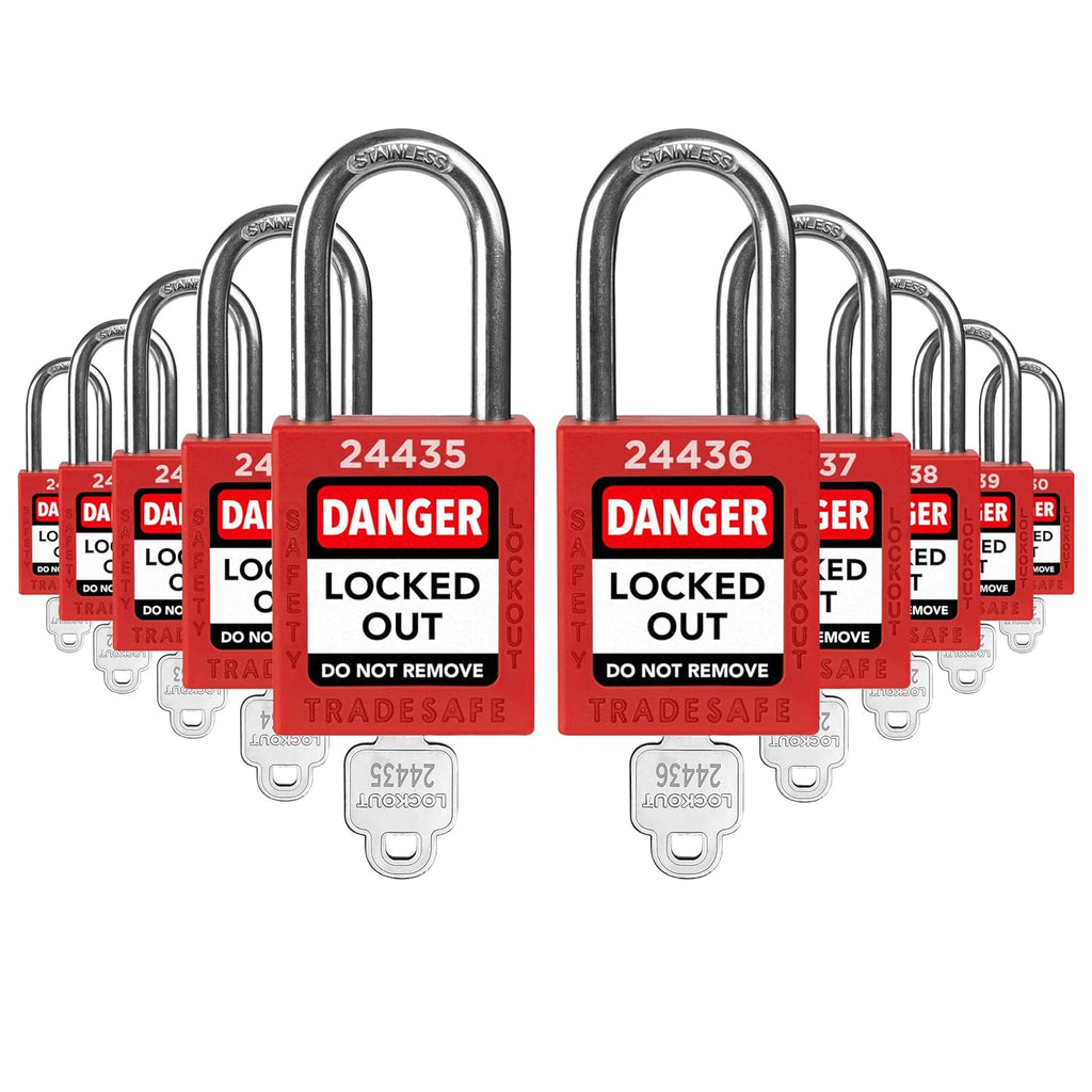 TRADESAFE Lockout Tagout Locks Set - 10 Red Loto Locks, Lockout Locks Keyed Different, 1 Key Per Lock, OSHA Compliant Lock Out Tag Out Padlocks, Safety Padlocks for Electrical Lockout Tag Out Kits
