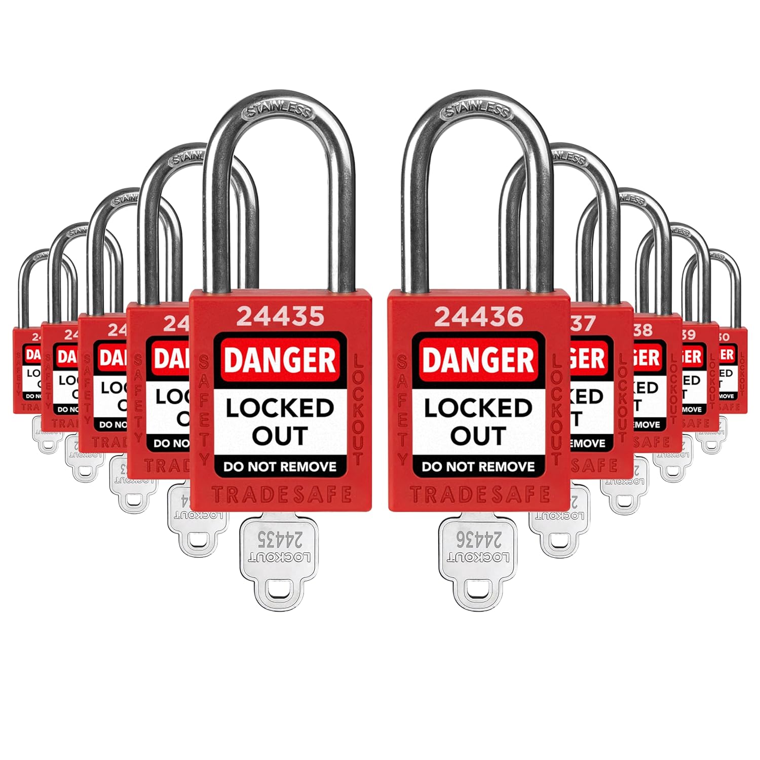TRADESAFE Lockout Tagout Locks Set - 10 Red Loto Locks, Lockout Locks Keyed Different, 1 Key Per Lock, OSHA Compliant Lock Out Tag Out Padlocks, Safety Padlocks for Electrical Lockout Tag Out Kits