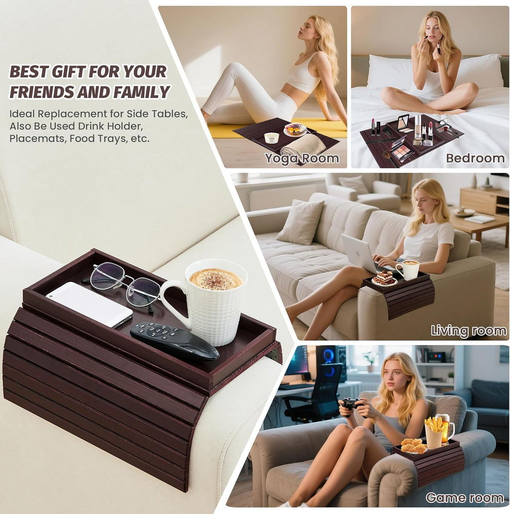 GEHE Bamboo Sofa Arm Tray, Foldable Couch Arm Tray Side Table, Anti-Falling Armrest Tables Cup Holder for Snacks, Drinks, Beers, Phone, Control, Flexible and Portable, Anti-Slip