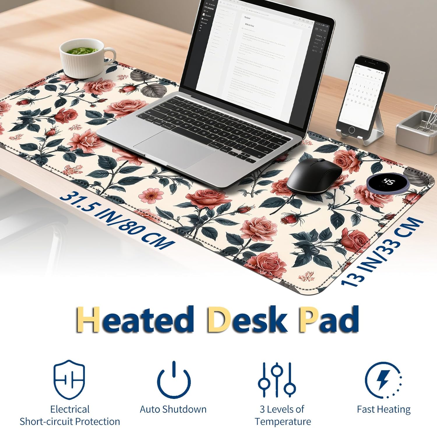 Heated Mouse Pad with 3 Temperature Settings(104°F–122°F),Large 31.5x13 Inch PU Leather Heated Desk Mat,Waterproof Warming Pad for Office,Gaming & Cold Hands Relief,Retro Flowers