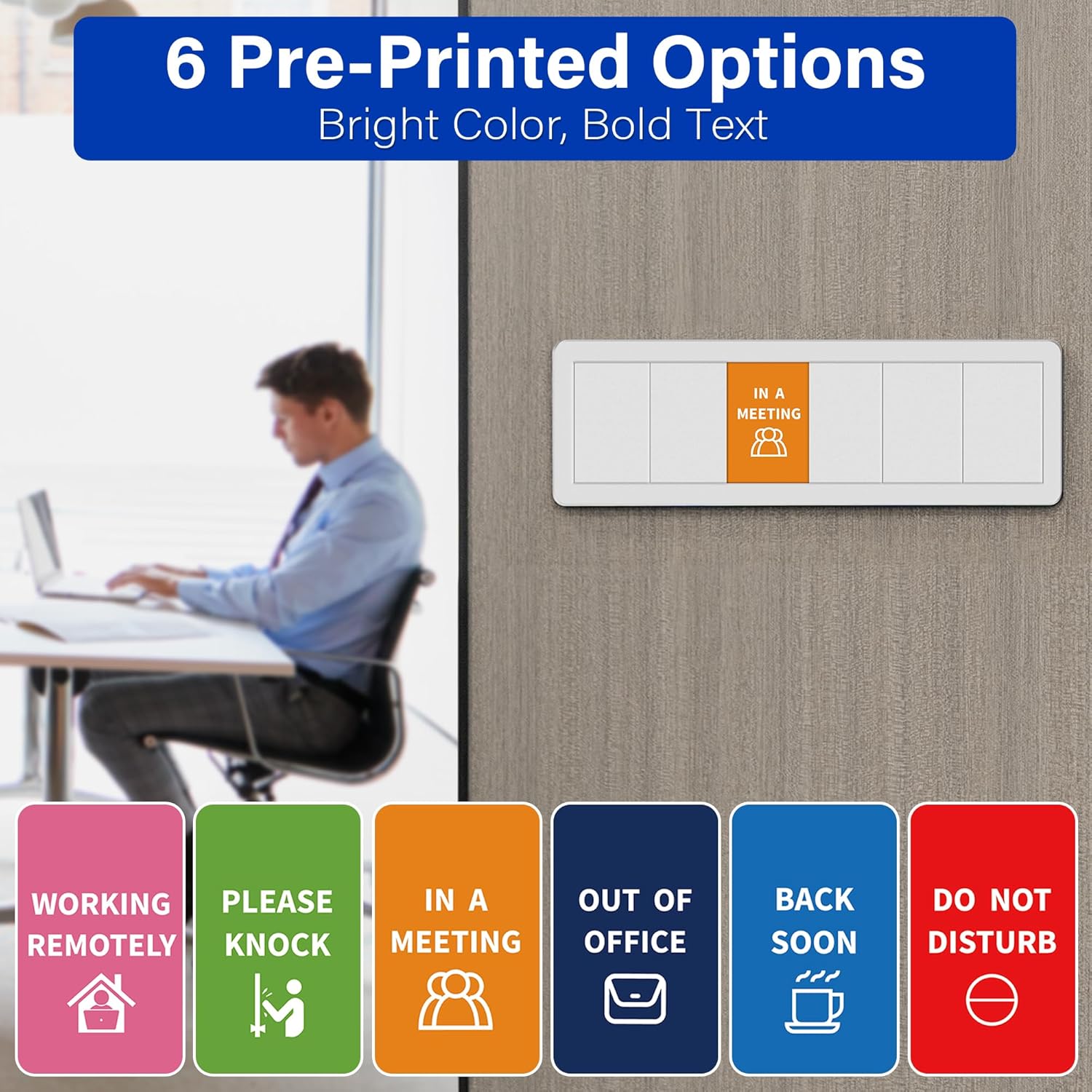 Office Door Signs with 6 Printed Status Options – Do Not Disturb, Out of Office, In a Meeting, Please Knock, Work from Home, Back Soon – Includes Custom Personalized Blank Sticker for Privacy Workspace or Studio Available and Away