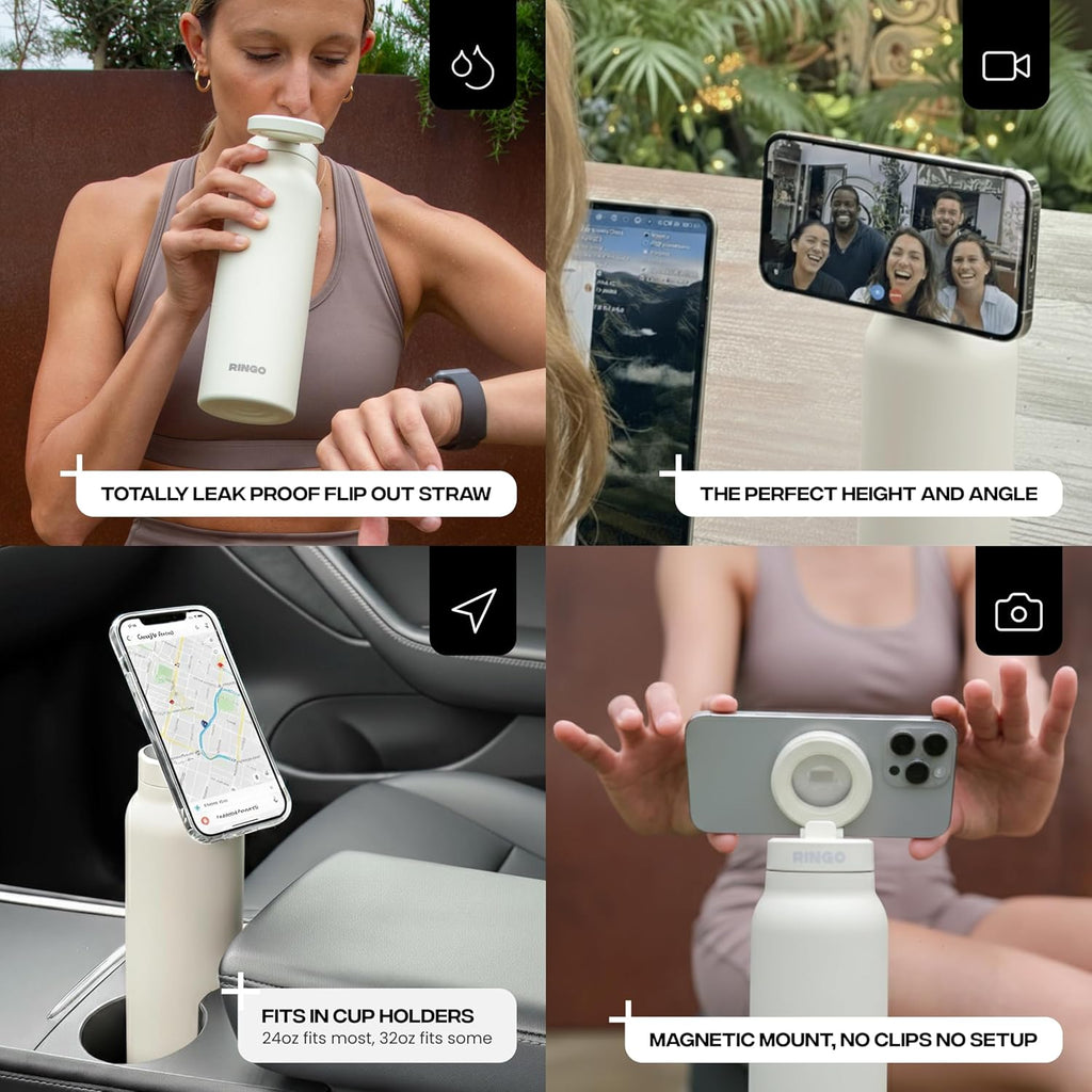 Ringo PRO Water Bottle with Magnetic Phone Mount & Sip Straw Lid - Insulated Stainless Steel Bottle for Workouts, Content Creation, Navigation & Facetime on the Go, 12Hrs Hot/24Hrs Cold Ivory-24oz