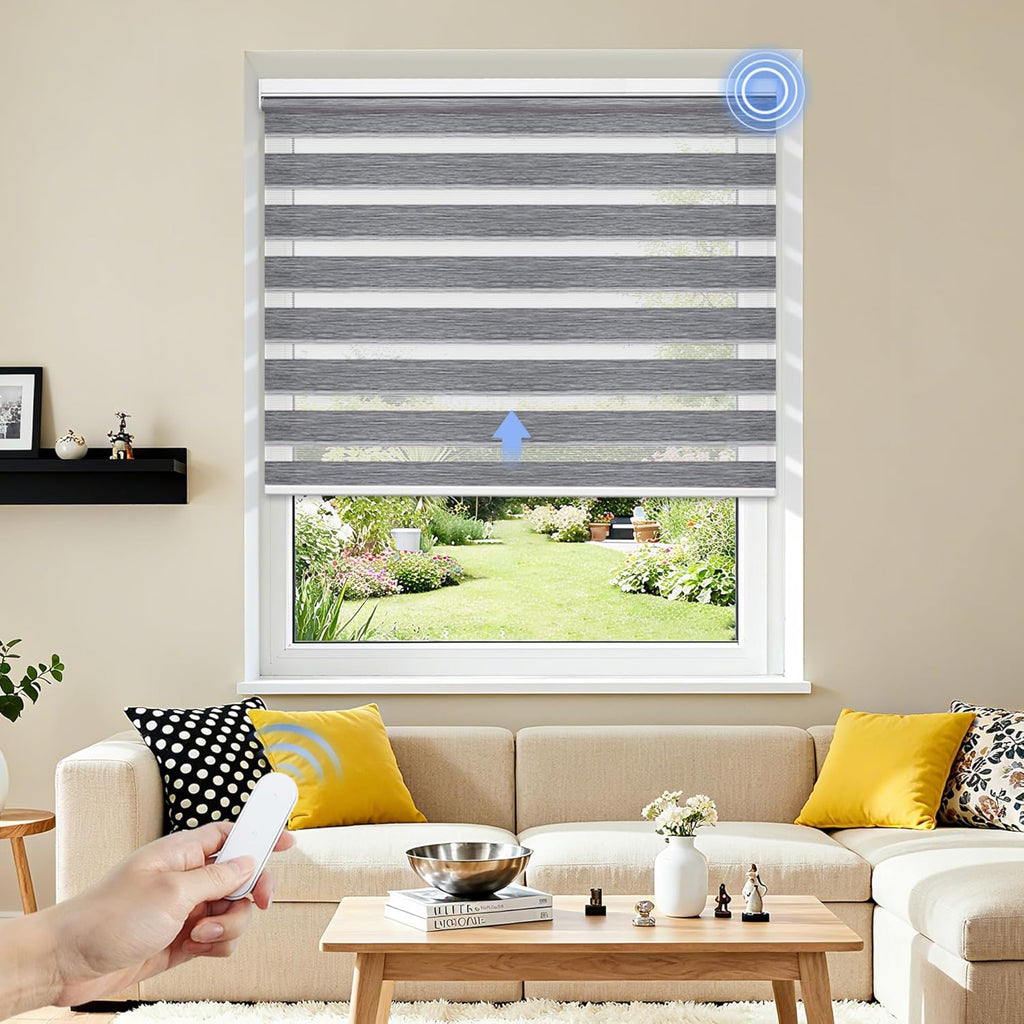 Grandekor Motorized Zebra Blinds with Remote Control,Smart Zebra Blinds for Windows,Electric Zebra Shades, Hemp Grey,24" W x 72" H