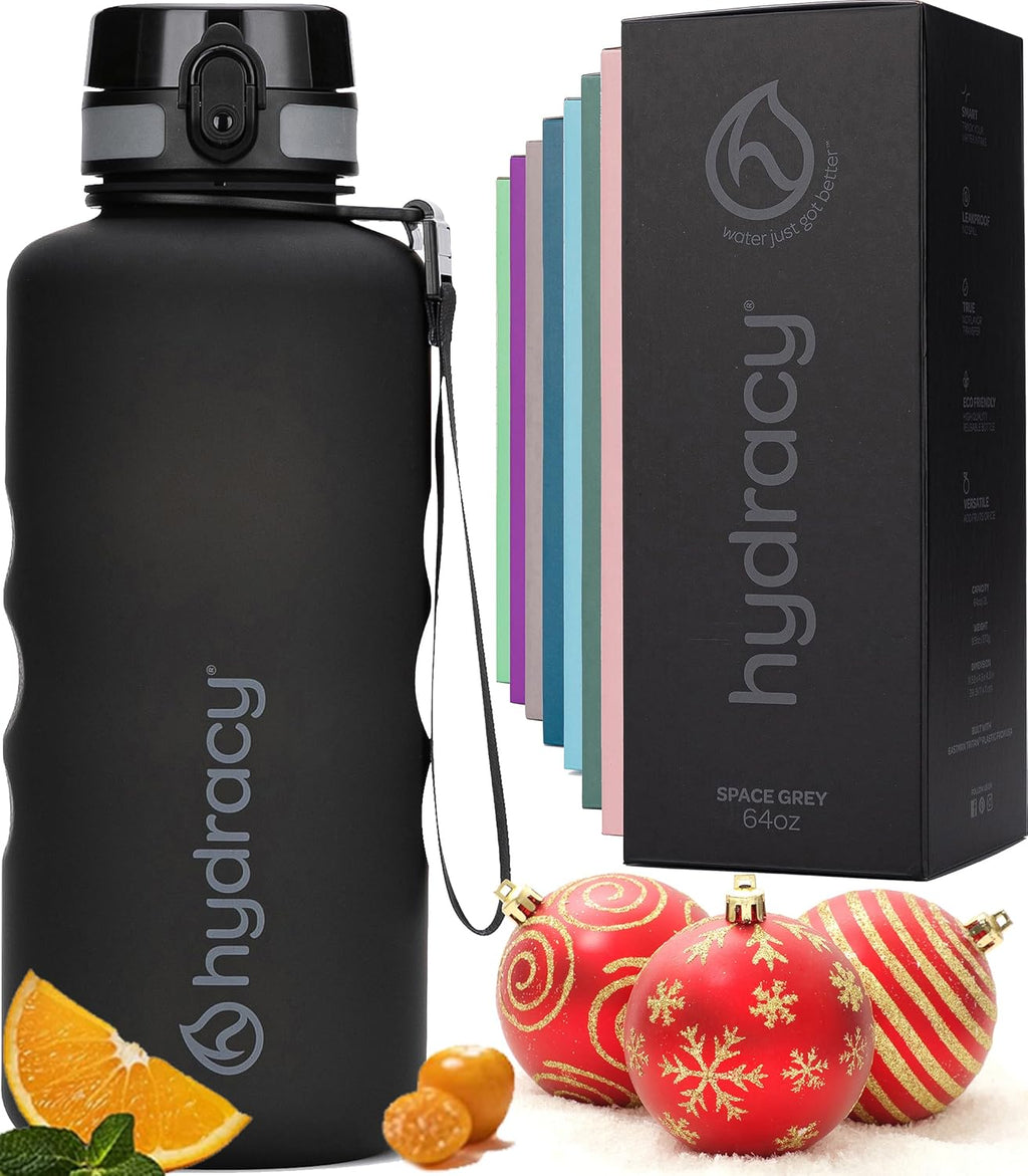 Hydracy Water Bottle with Time Marker -Large BPA Free Water Bottle & No Sweat Sleeve -Leak Proof Gym Bottle with Fruit Infuser Strainer & Times to Drink -Ideal for Fitness Sports & Outdoors