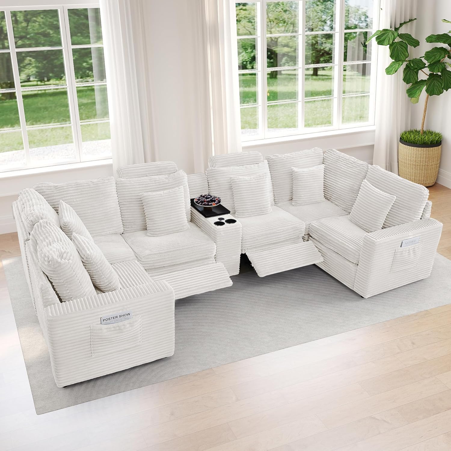 LEVNARY 6-Seat U Shaped Modular Sectional Sofa with Power Recliners, Faux Rabbit Fur Upholstery, Storage Console with Charging Ports & Cup Holders, Living Room Couch Set for Home Office (White)