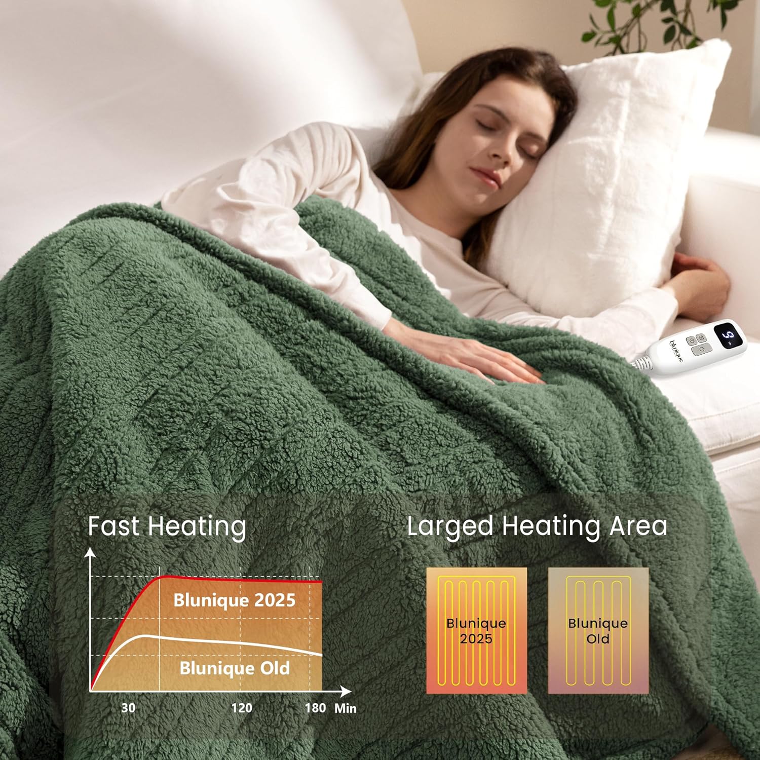Heated Blanket Electric Blanket Twin - Fast Heating Blanket Throw Double Sided Sherpa Ultra Soft Cozy with 10 Heating Levels & 2-10 Hours Auto Off, Mashine Washable, 62 x 84 Inches, Green