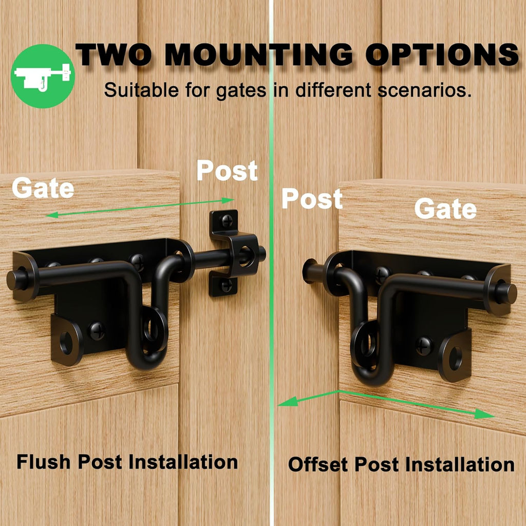 Heavy Duty Slide Bolt Gate Latch for Wooden Fence, 2 Way Barn Door Latch with Padlock Hole, Offset and Flush Mounted Gate Latch for Outdoor Gates/Yard Fence/Shed Door, Black, 2 Pack