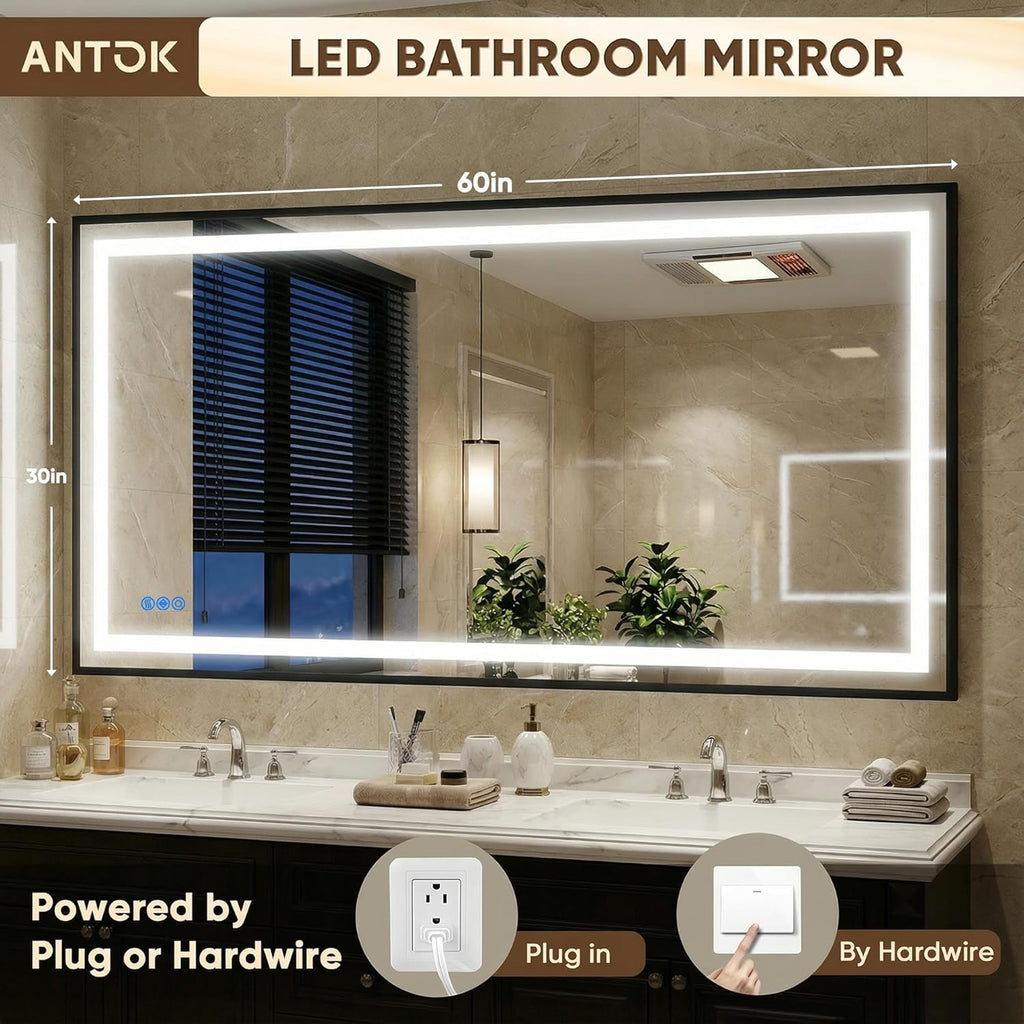 Antok 60X30 LED Bathroom Mirror with Lights, Vanity Mirror for Wall with Black Frame, Touch Control, Anti-Fog, Dimmable Lights, Shatter-Proof, Memory Function, Wall-Mounted Vanity Mirrors