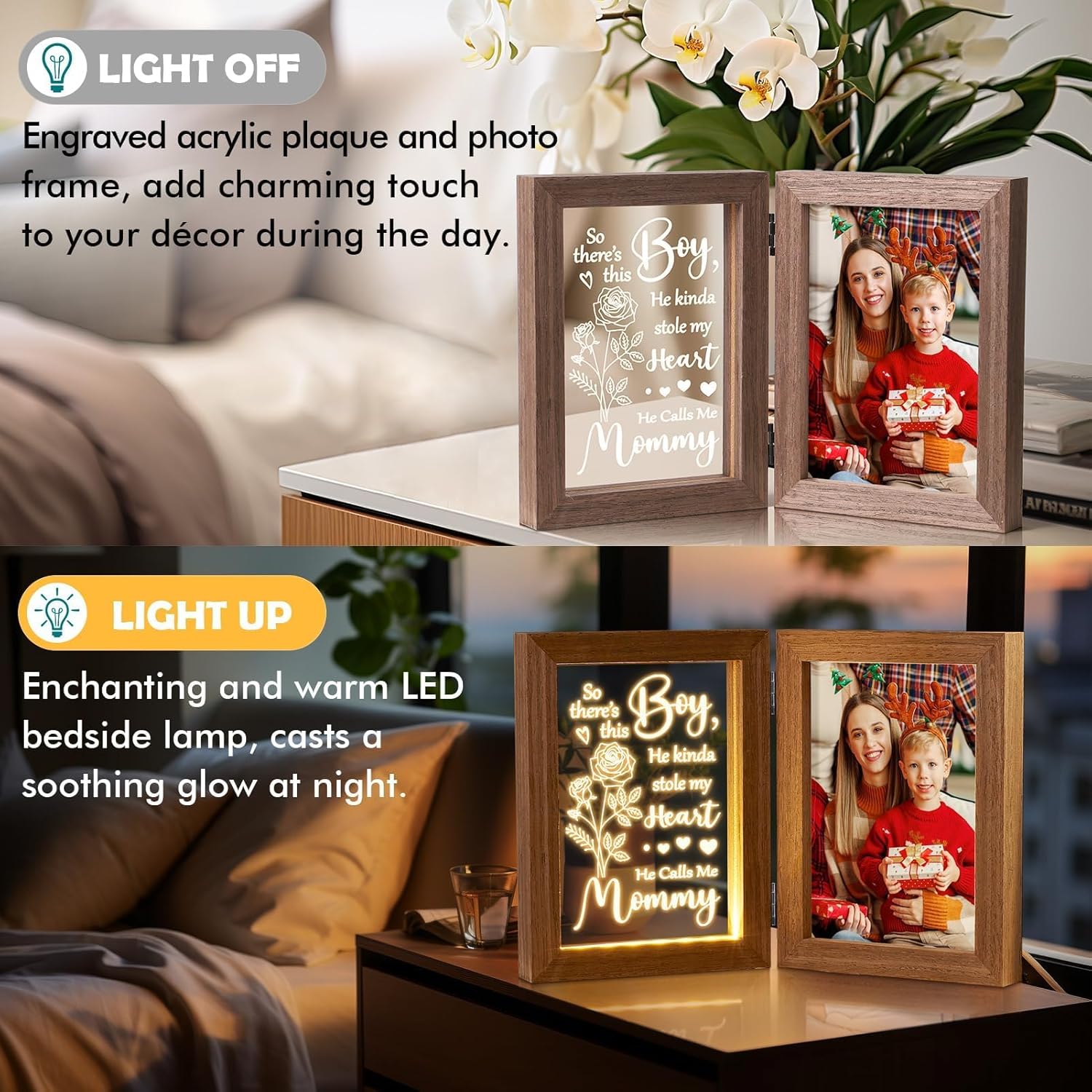 Christmas Gifts for Mom from Daughter Son Kids, Mom Gifts Engraved Night Light with 5x7 Mother Picture Frame Solid Wood, New Mama Gift Mommy Son Picture Frame Mother-in-Law Birthday Gift for Mama