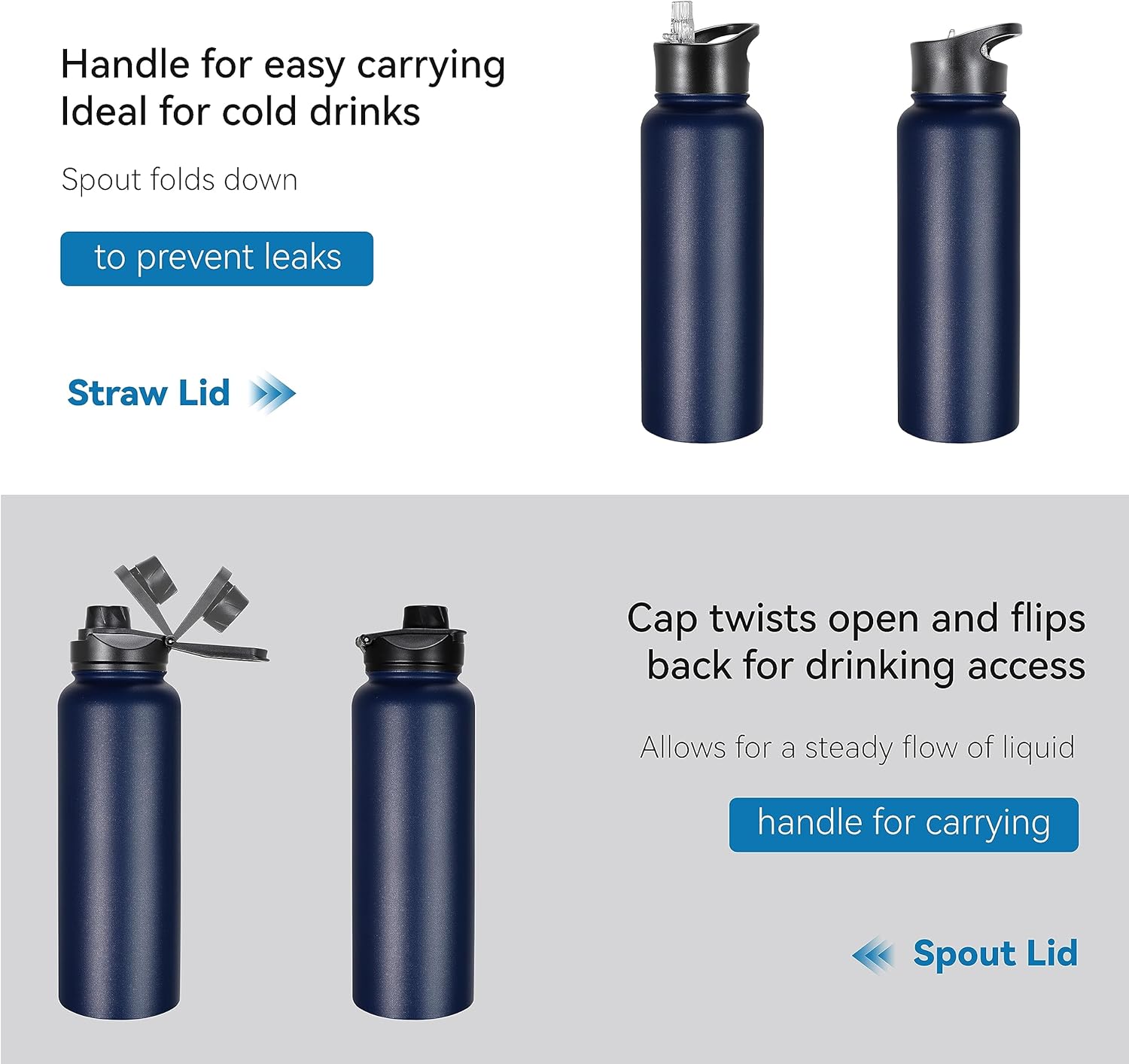 VEGOND 40 oz Insulated Water Bottle Bulk Stainless Steel Metal Water Bottles with Leak Proof Straw Lid & Spout Lid, Wide Mouth Double Walled Vacuum Travel Sports Bottle, 4 Pack