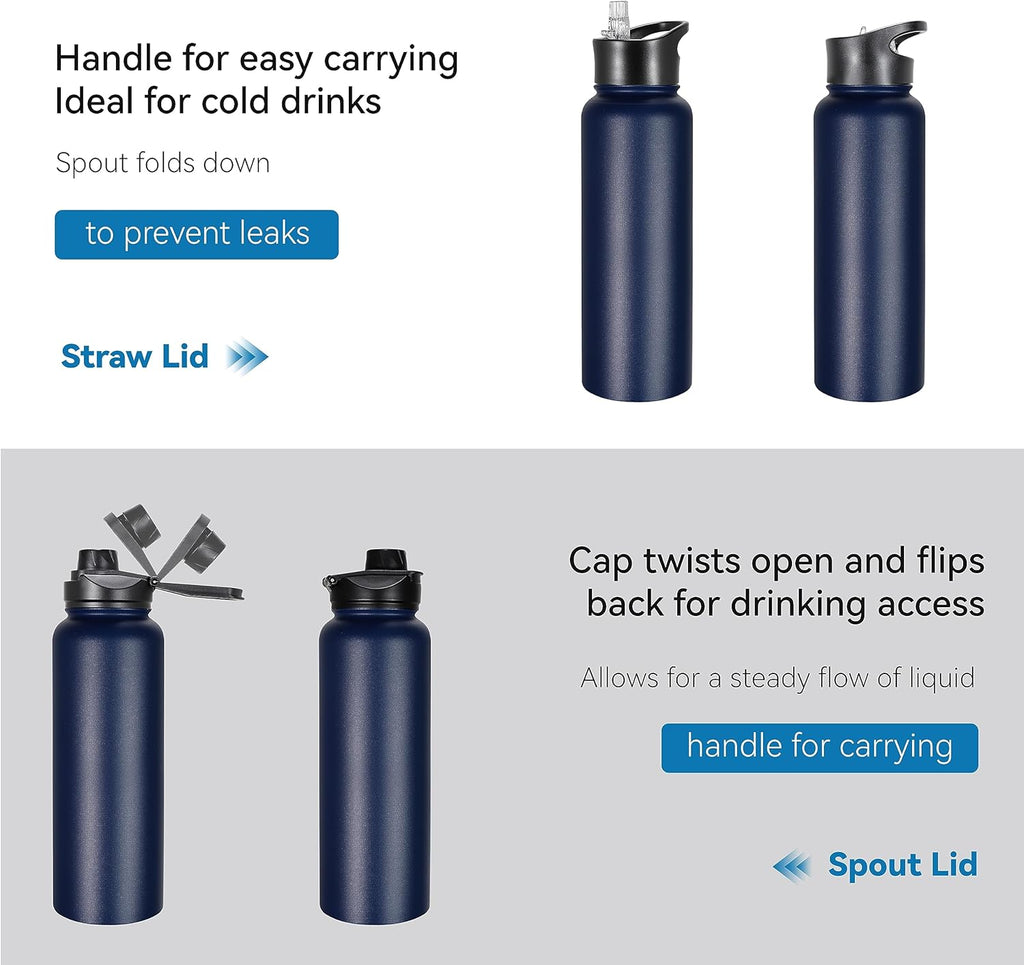 VEGOND 40 oz Insulated Stainless Steel Metal Water Bottle with Leak Proof Straw Lid & Spout Lid, Wide Mouth Double Walled Vacuum Travel Sports Bottle, Navy Blue