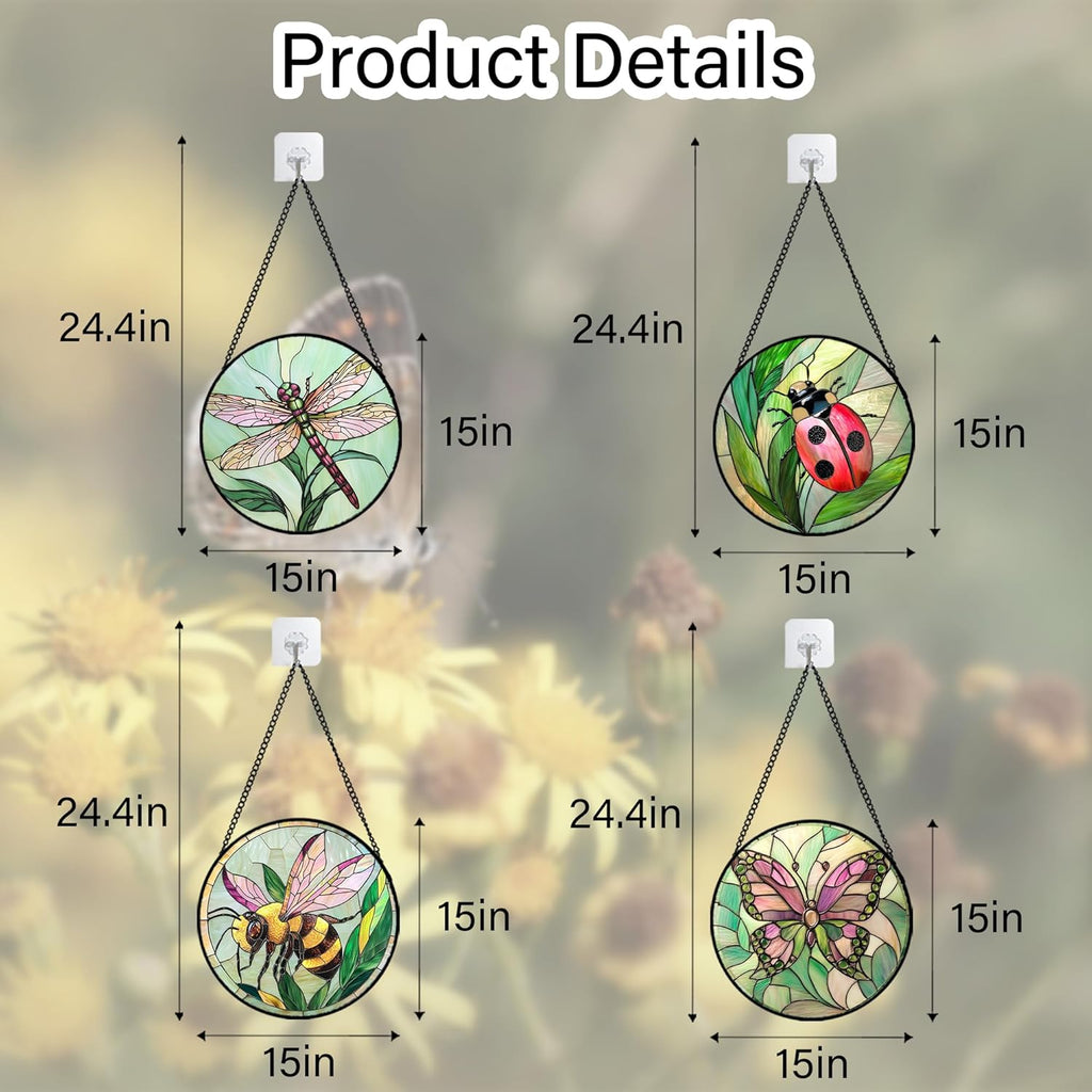 Stained Glass Window Hanging 4 Pcs Set Pink Green Insect Theme Large 15" - Butterfly Suncatcher Door Garden Sun Catcher Decor Birthday Christmas for Mom Woman Nana Men