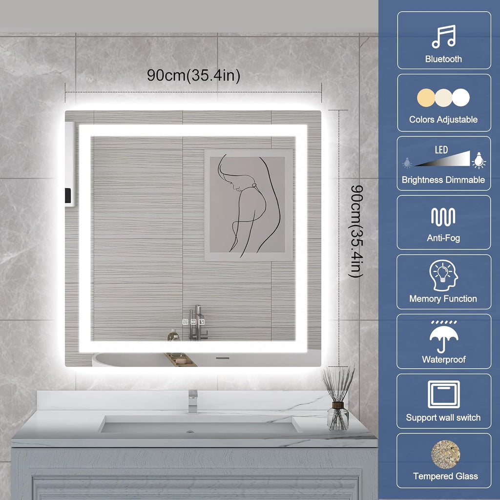 STARLEAD Led-Bathroom-Mirror-with-Lights, 36"x36" Wall-Mounted with 3 Colors Dimmable Light, Bluetooth Speaker, Anti-Fog, Memory, Tempered Glass, Front & Backlit (Horizontal/Vertical)