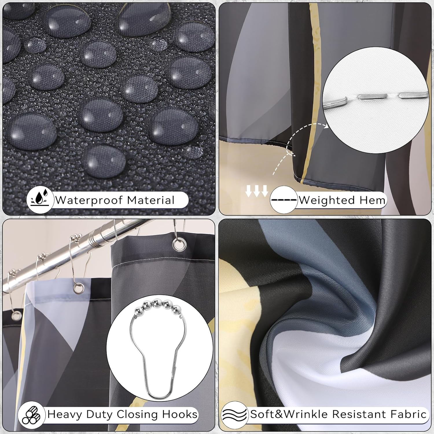 Bathroom Set - Black and Gold Bathroom Accessories, Bathroom Sets with Shower Curtain and Rugs, Black Shower Curtain Set with Bathroom Trash Can, Soap Dispenser, Soap Dish for Home Decor