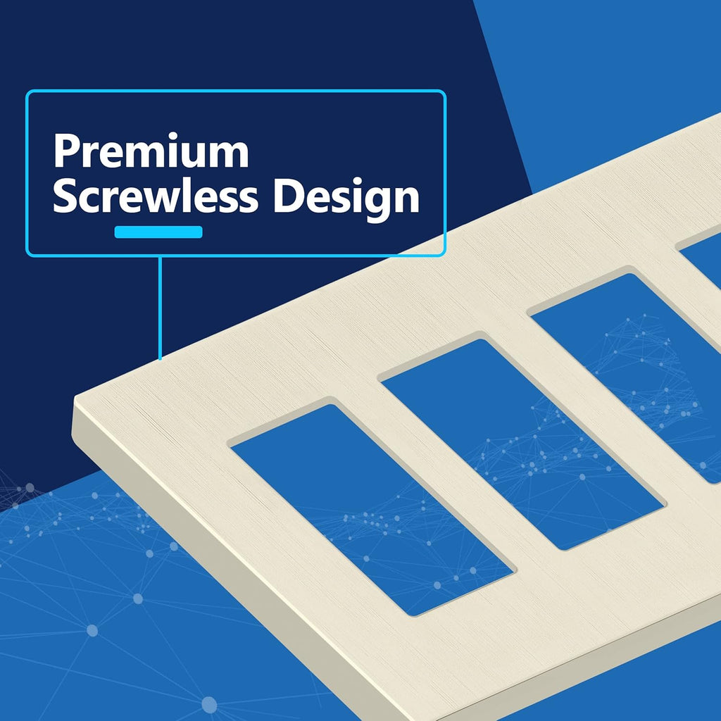 LIDER Brushed Finish Decorator Switch Cover, Screwless Wall Plate, Mid-Size 4-Gang 4.88" x 8.58", Unbreakable Polycarbonate Thermoplastic, UL Listed, LSWP-34M-BLA, Brushed Light Almond
