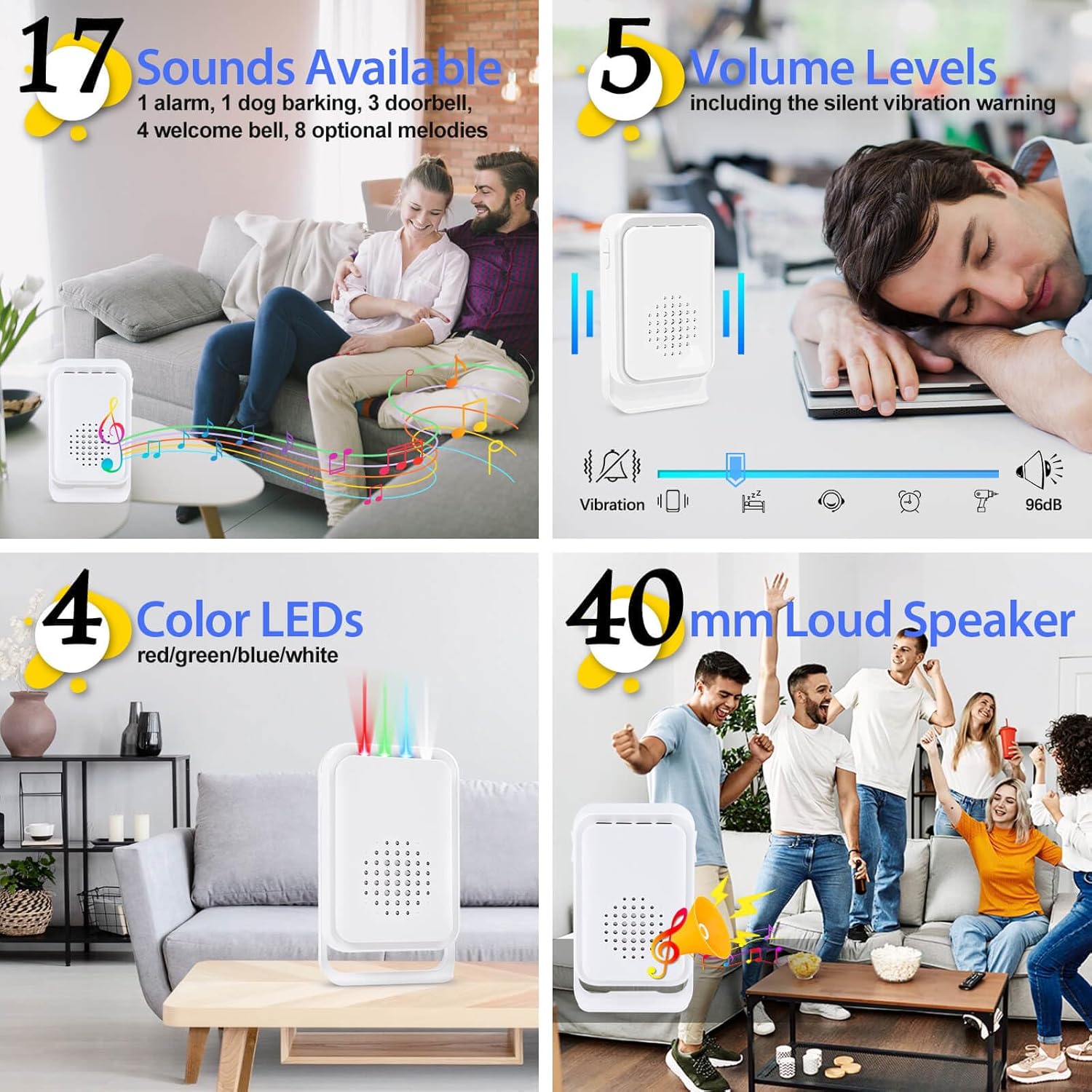 Motion Sensor Alarm Motion Detector Alarm Doorbell Indoor Alarms Business Door Entry Chime Multifunctional Door Alarms Wireless Detector with LED Indicator & Vibration (1 Sensor + 2 Receiver)