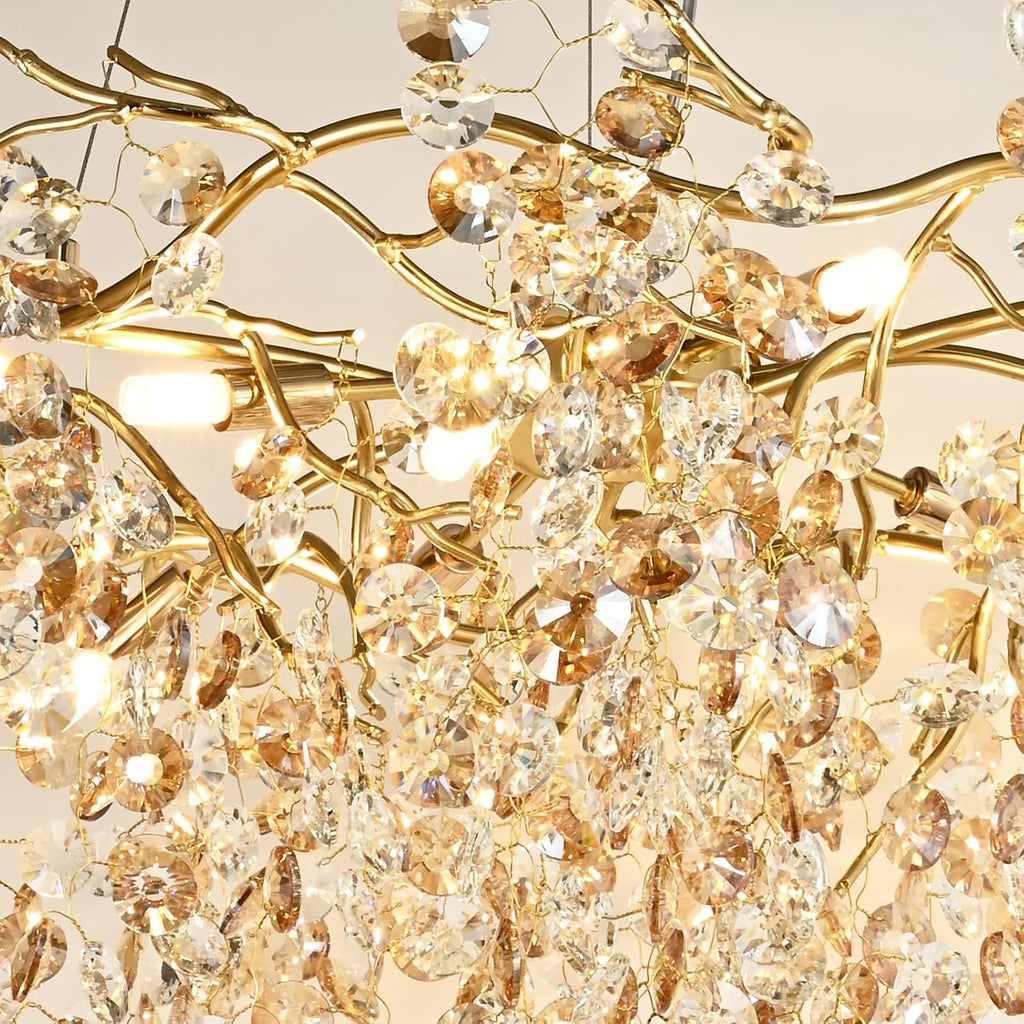 Crystal Gold Chandelier Modern Round Ceiling Pendant Light Fixture Tree Branch Chandeliers for Living Room Dining Room Kitchen Bedroom Hotel