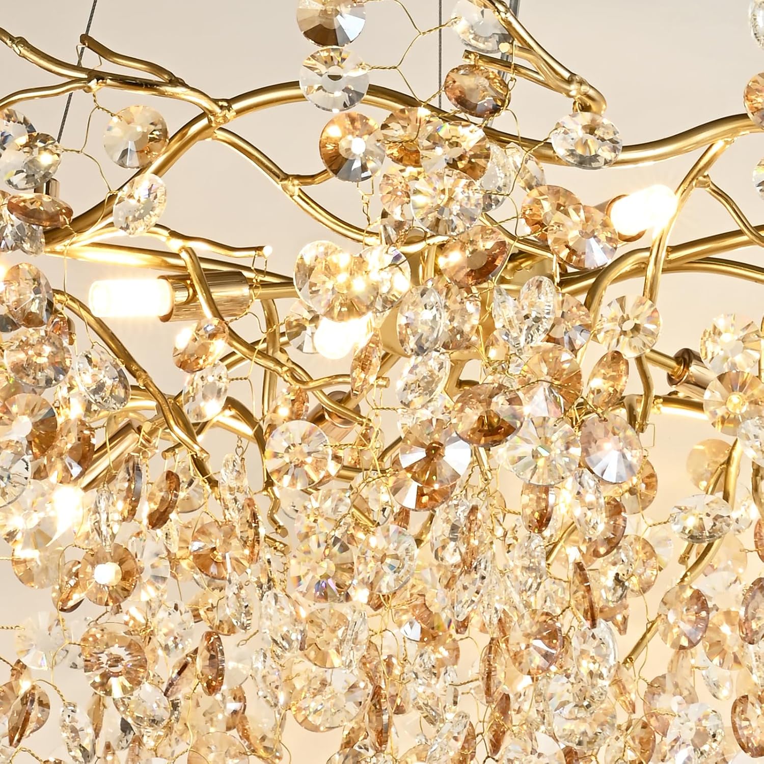 Crystal Gold Chandelier Modern Round Ceiling Pendant Light Fixture Tree Branch Chandeliers for Living Room Dining Room Kitchen Bedroom Hotel