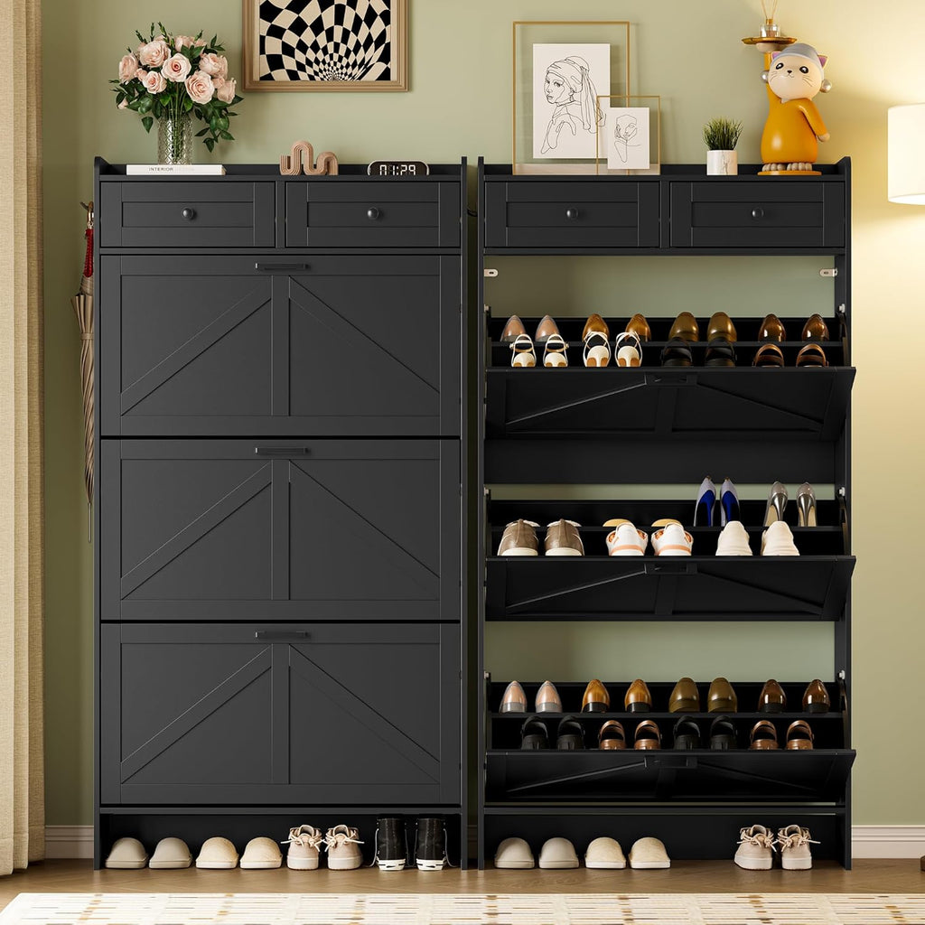 Shoe Storage Cabinet for Entryway, Farmhouse Narrow Shoe Cabinet with 3 Flip Drawers & 2 Top Drawers, Adjustable Shelves & Hooks, Freestanding Hidden Rack Organizer for Hallway, Foyer