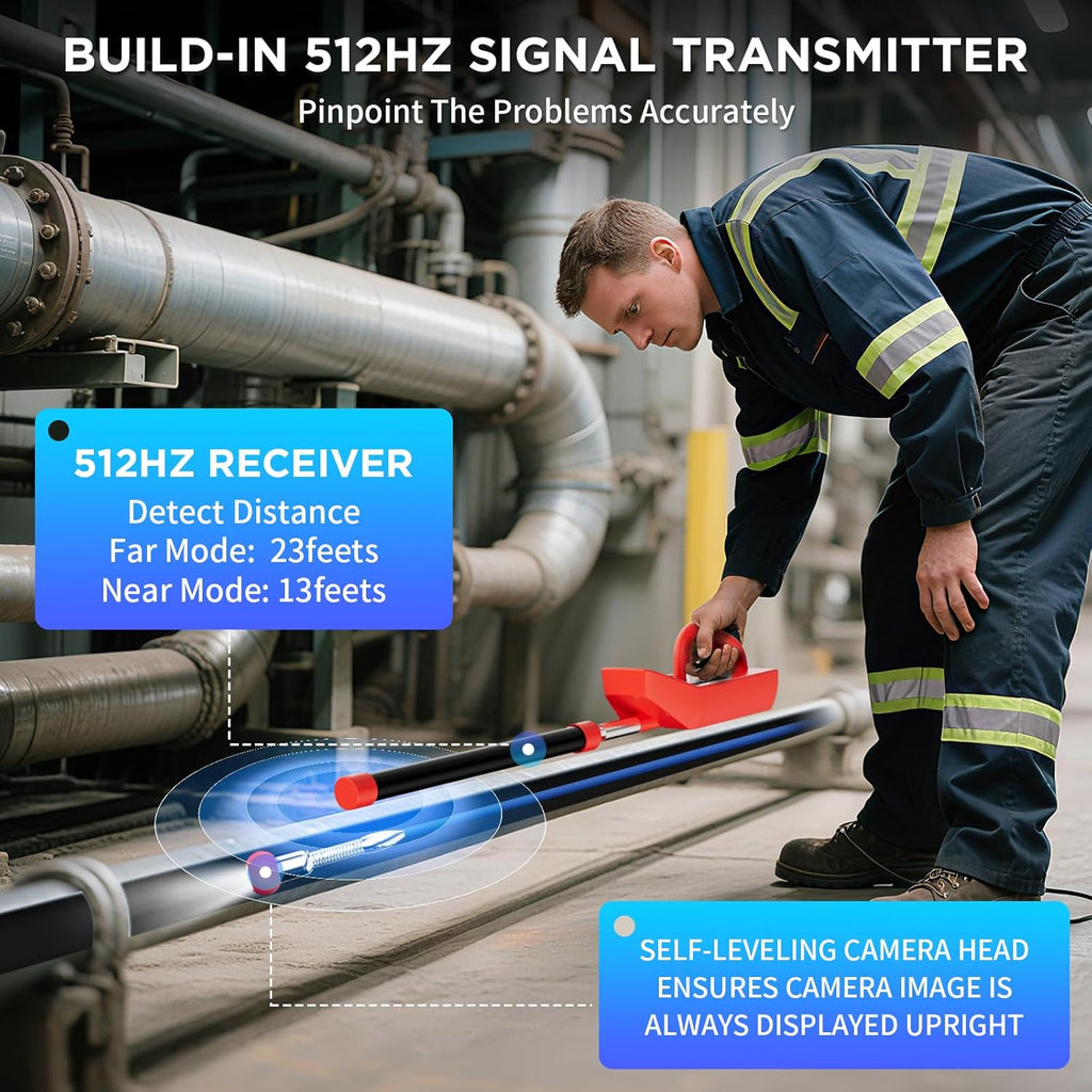 Okk Sewer Camera with Locator, Drain Camera 100ft, Pipe Inspection with 512Hz Sonde, Self-Leveling, Industrial Endoscope with DVR, 9" LCD, Meter Counter, 7mm Cable, IP68 Waterproof, 12 LEDs, 32GB Card