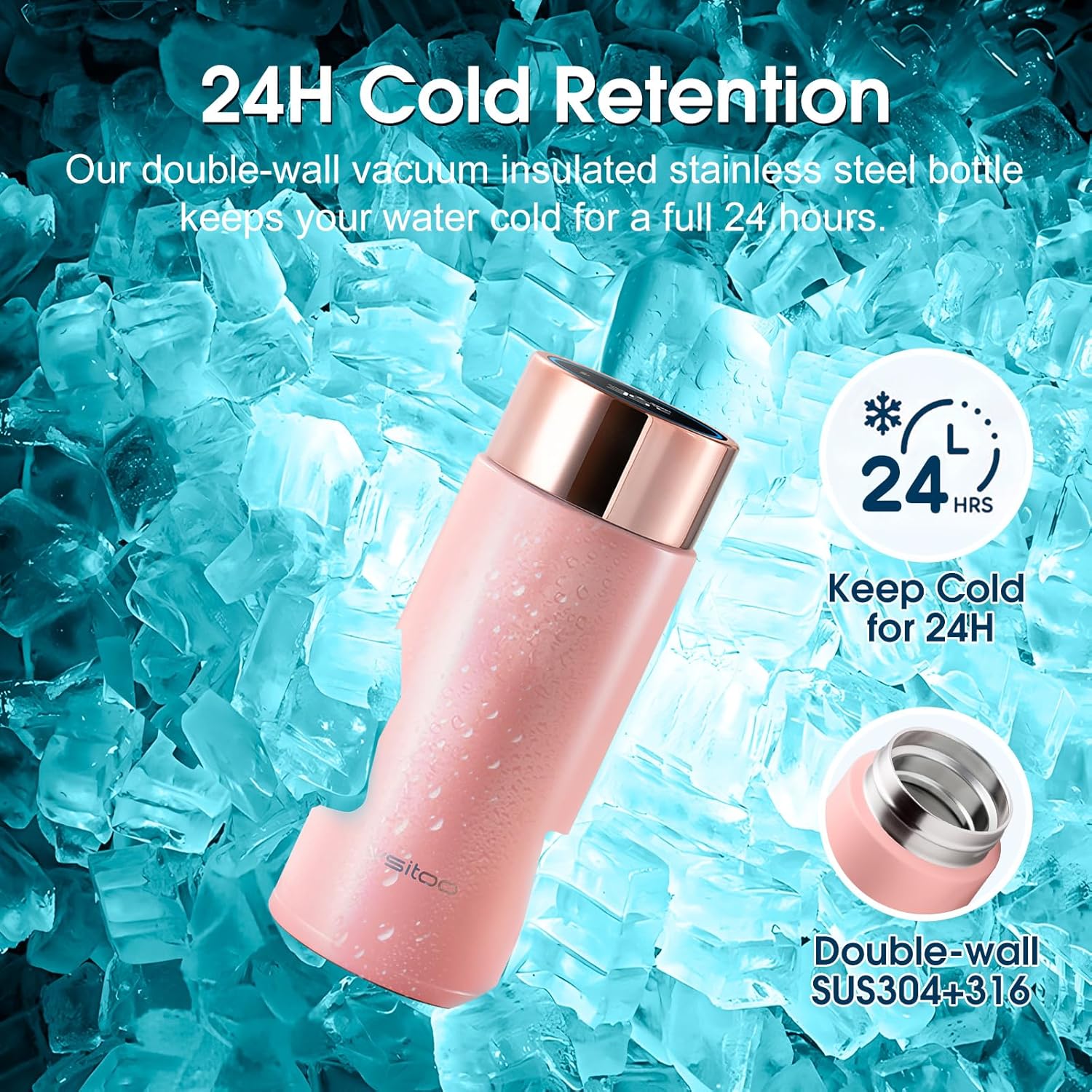 Vsitoo Smart self cleaning Insulated Water Bottle, 8.5oz Stainless Steel Vacuum Flask, AI Self-Clean, 30-Day Battery Life, BPA-Free, Magnetic Charging, Portable Travel Mug Gifts for Men Women, Pink