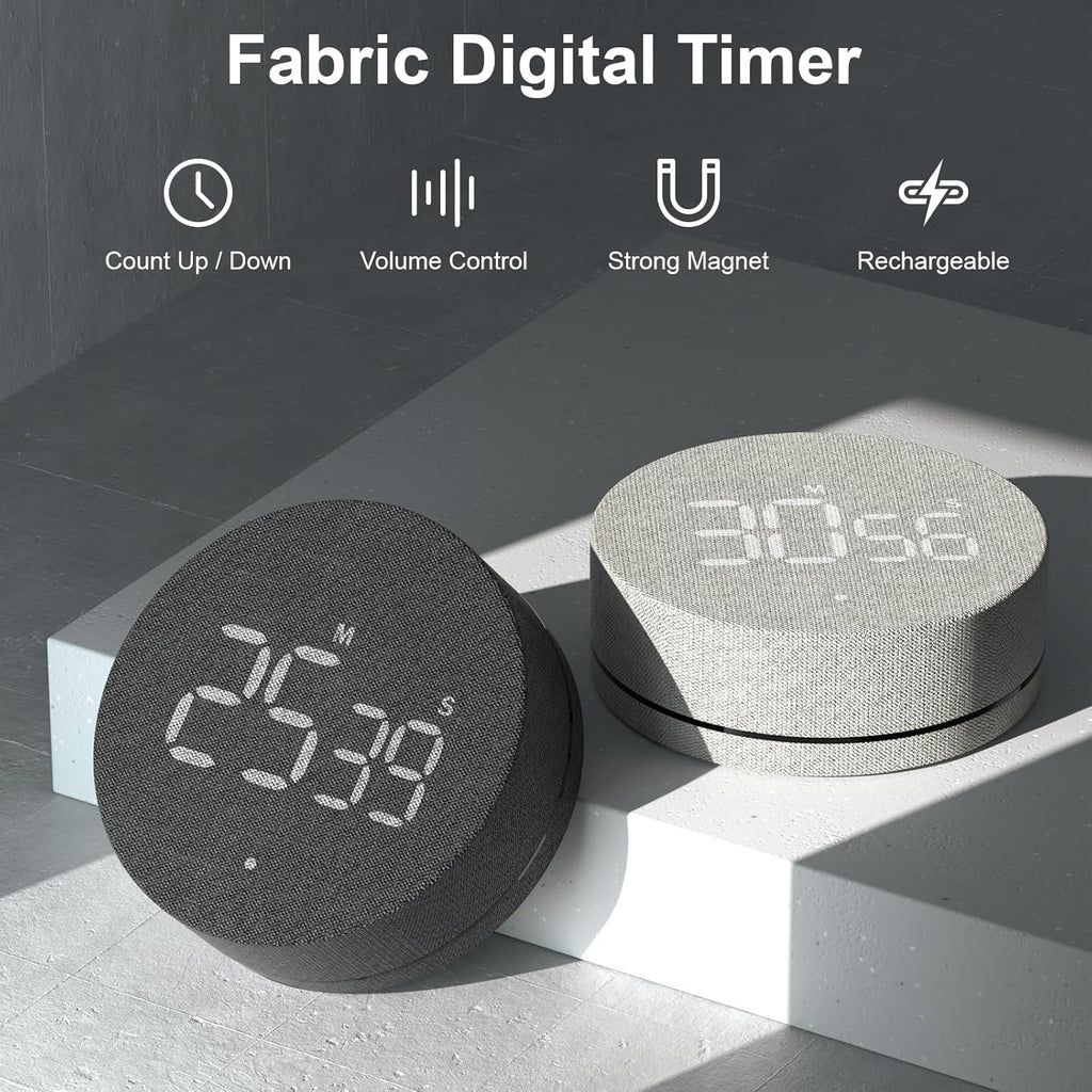 AVINIA Desk Timer for Productivity Magnetic Digital Kitchen Timer Rechargeable Fabric Mesh Cover 99 Mins Countdown/Count Up Stylish Efficana Konah Home Timmer for Cooking (Fabric Gray)