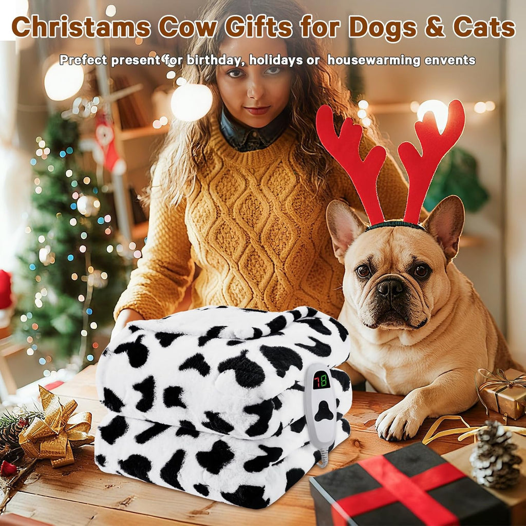 Cow Print Heated Electric Blanket Twin,62X84 Black Heating Blanket with 10 Heats Levels & 8 Hours Auto Off,Cute Cow Decor Fleece Sherpa Blankets Warmer Gifts for Women Couch Office,Washable