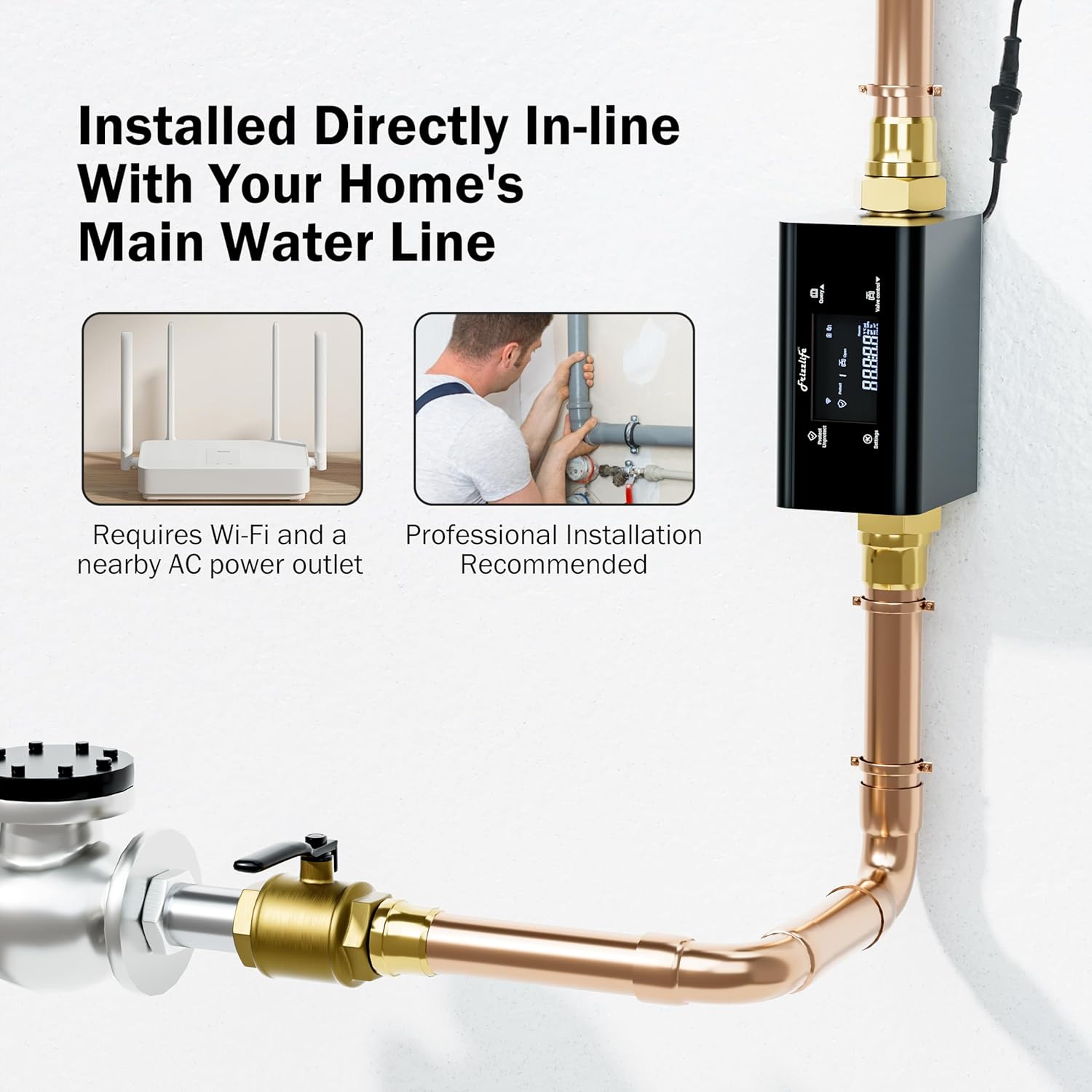 Frizzlife LP365 1.25-Inch Smart Water Monitor and Automatic Shutoff - 0.01GPM Ultrasonic Micro Leak Detection, APP Wi-Fi Remote Control, Real-Time Flow/Temp Monitoring, for 1-1/4-Inch Diameter Pipe