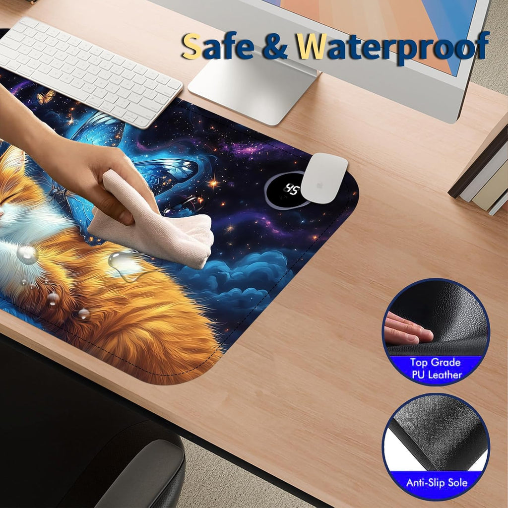 Heated Mouse Pad with 3 Temperature Settings(104°F–122°F),Large 24x14.2 Inch PU Leather Heated Desk Mat,Waterproof Warming Pad for Office,Gaming & Cold Hands Relief,Cat Bule Butterfly