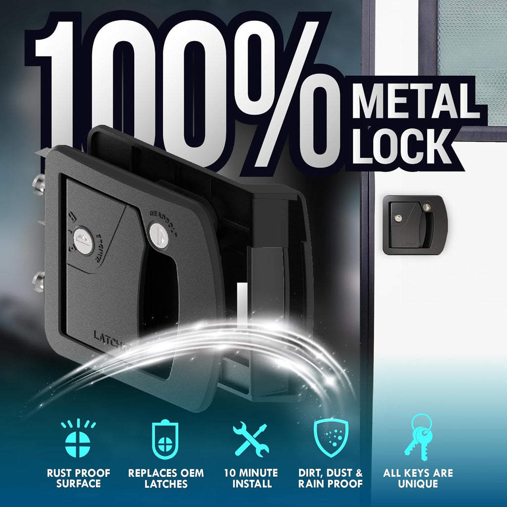 LATCH.IT RV Door Lock Replacement | Class C Camper Door Latch Fits 3.50" x 4.50" Lock Holes | 100% Metal RV Door Latch Replacement | RV Latch | Camper Door Locks with 2 High-Security Keys Included