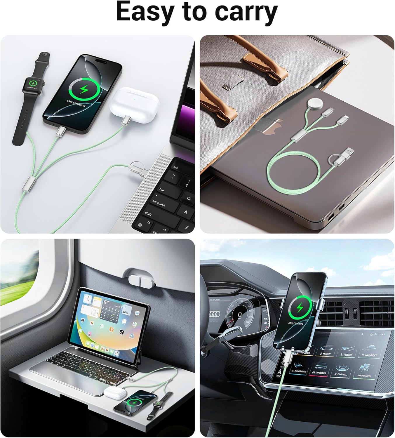 Temdan for Travel Vacation Essentials,3 in 2 USB C Cable for Apple Watch Charger/iPhone 16 Charger/Lightning,Multi Charging Cable Cord,Camping Essentials,Designed for iWatch & iPhone 16-12-4FT Green