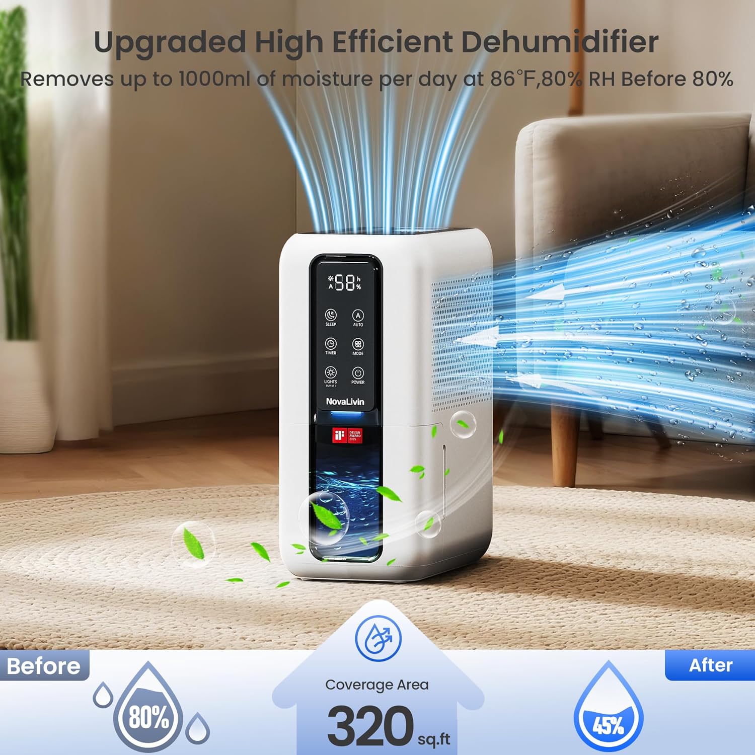 Dehumidifiers for Bathroom with Moisture Absorber Bag Reusable, 68 OZ Water Tank Portable Quiet Dehumidifier for Bedroom with Auto Shut Off, 7 Colors LED Light for Home, RV, Garage, apartment