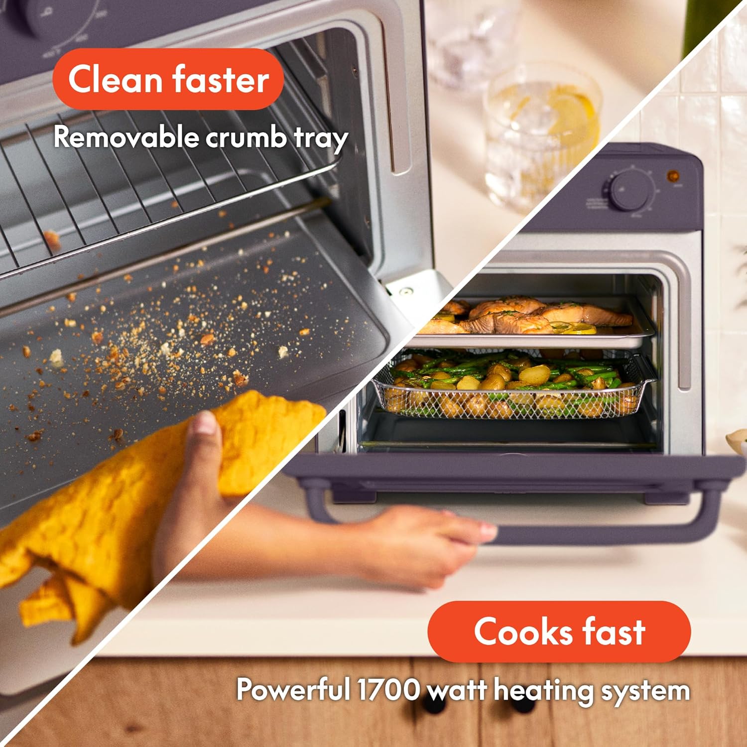 bella Air Fry Toaster Oven, 7 Preset Cooking Options, Dishwasher-Safe EverGood Coated Trays Included, 60-Minute Auto Shutoff w Audible Timer, Power Indicator Light, 1700 Watt, Plum