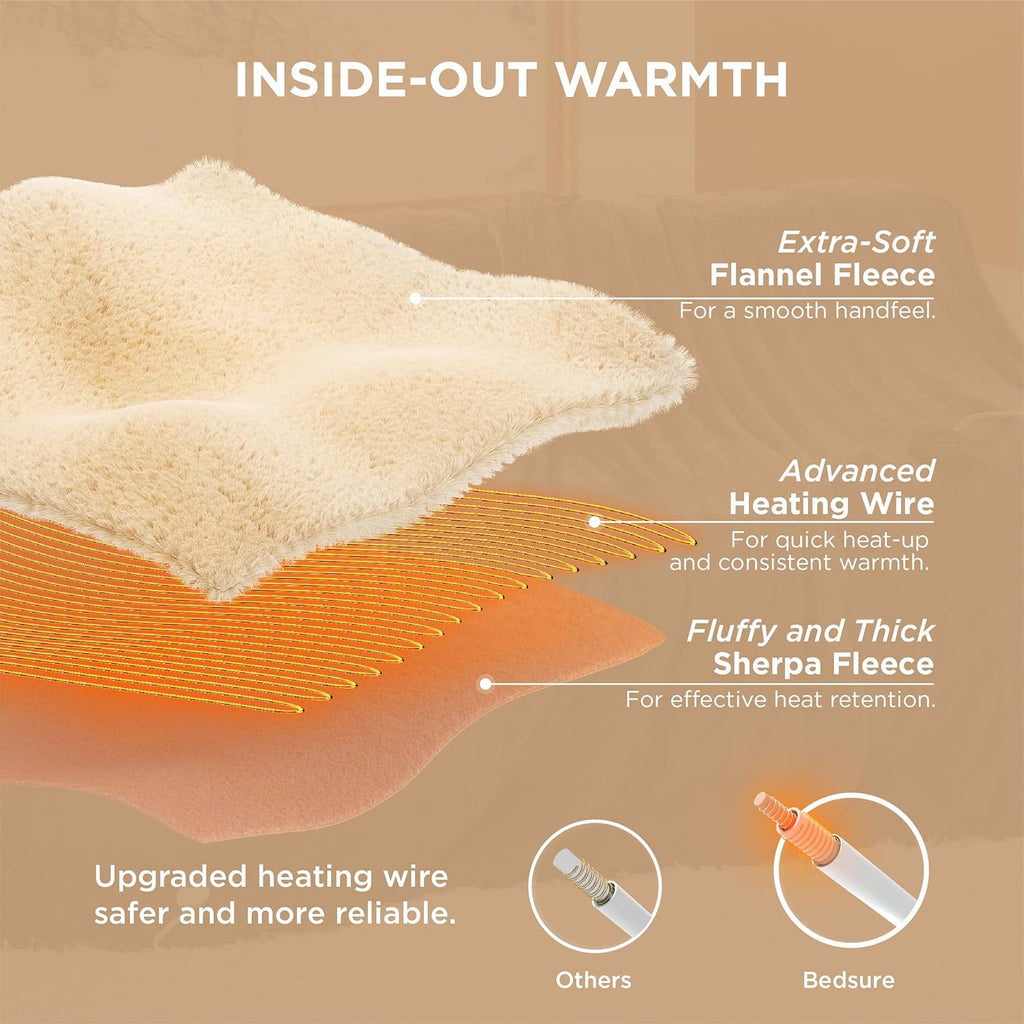 Bedsure Electric Blanket Queen Size - Dual Control Heated Blanket Queen, Fast Heating with 10 Time Settings & 10 Heat Settings, Warm Gift for Grandma (84x90 inches, Brown)
