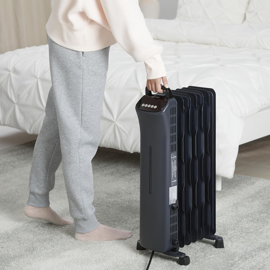 Amazon Basics Oil Space Heater with Remote Control, Portable Radiator Heater with 7 Oil-Filled Fins Indoor Uses, 3 Heat Settings, Thermostat, Tip-Over Protection, ETL Safety Certificate, 1500W, Black