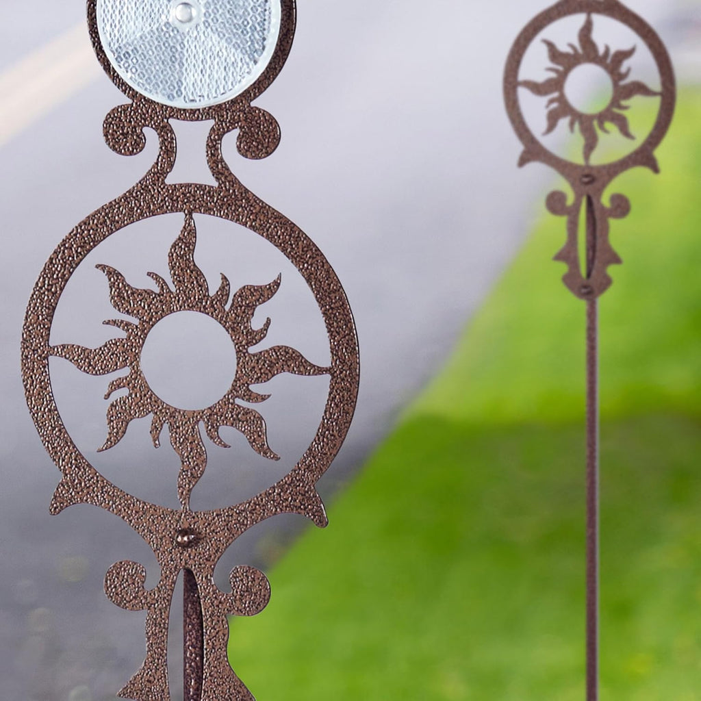 Touch of Class Pathways Reflective Driveway Marker Stake Set of Two for Outdoor Use | Radiating Sun Design | Personalized Tall Reflector Set of 2 | Weathered Bronze Durable Finish