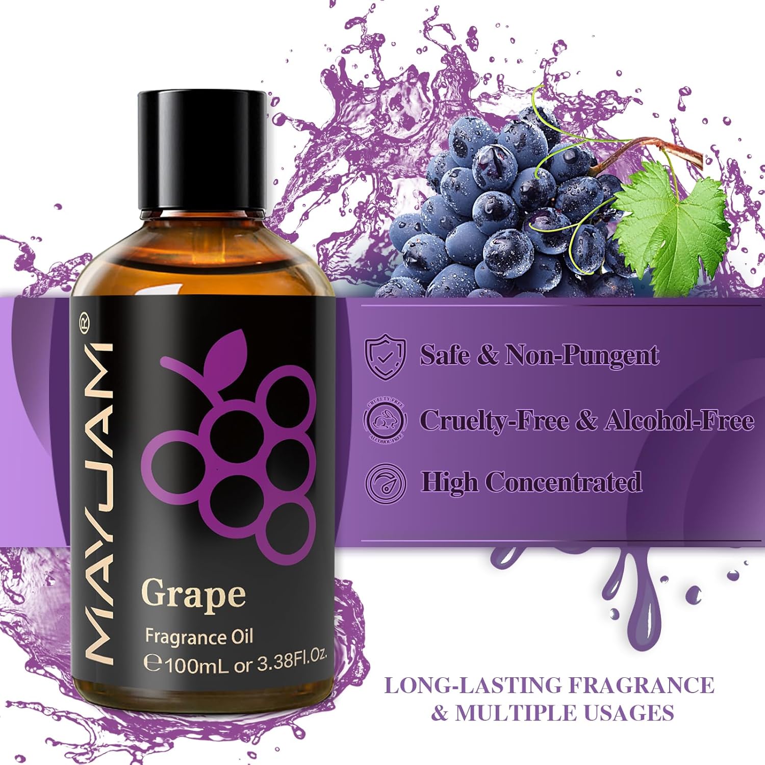 MAYJAM 100ML/3.38FL.OZ Grape Fragrance Oils with Glass Dropper, Essential Oils for Diffusers for Home, Long Lasting Scented Oils for Diffusers Soap Candle Making